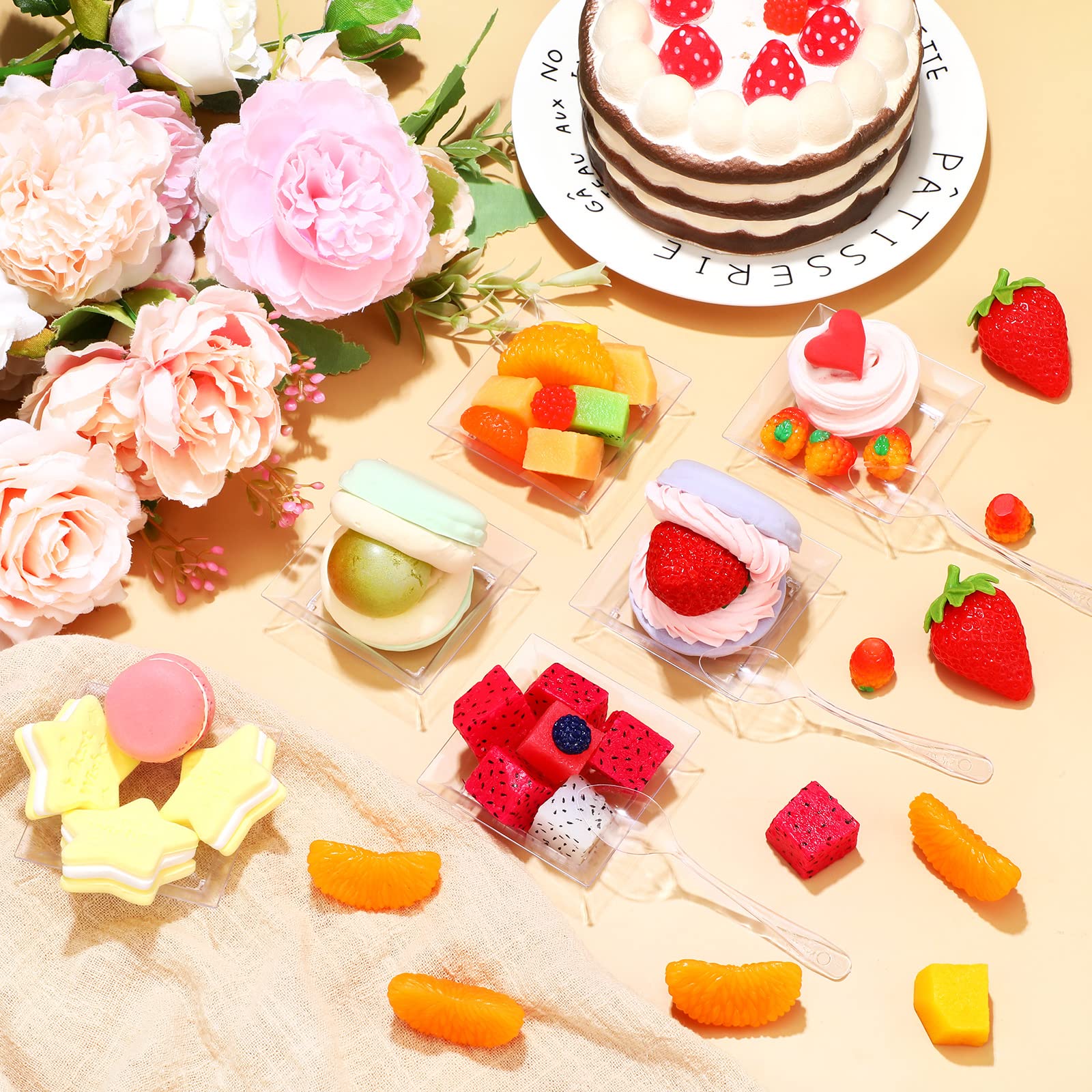 300 Pieces Mini Dessert Plates With 300 Tasting Spoons,1 Oz Clear Appetizer Plates 2.4X2.4 Inch Disposable Plastic Cake Plates F