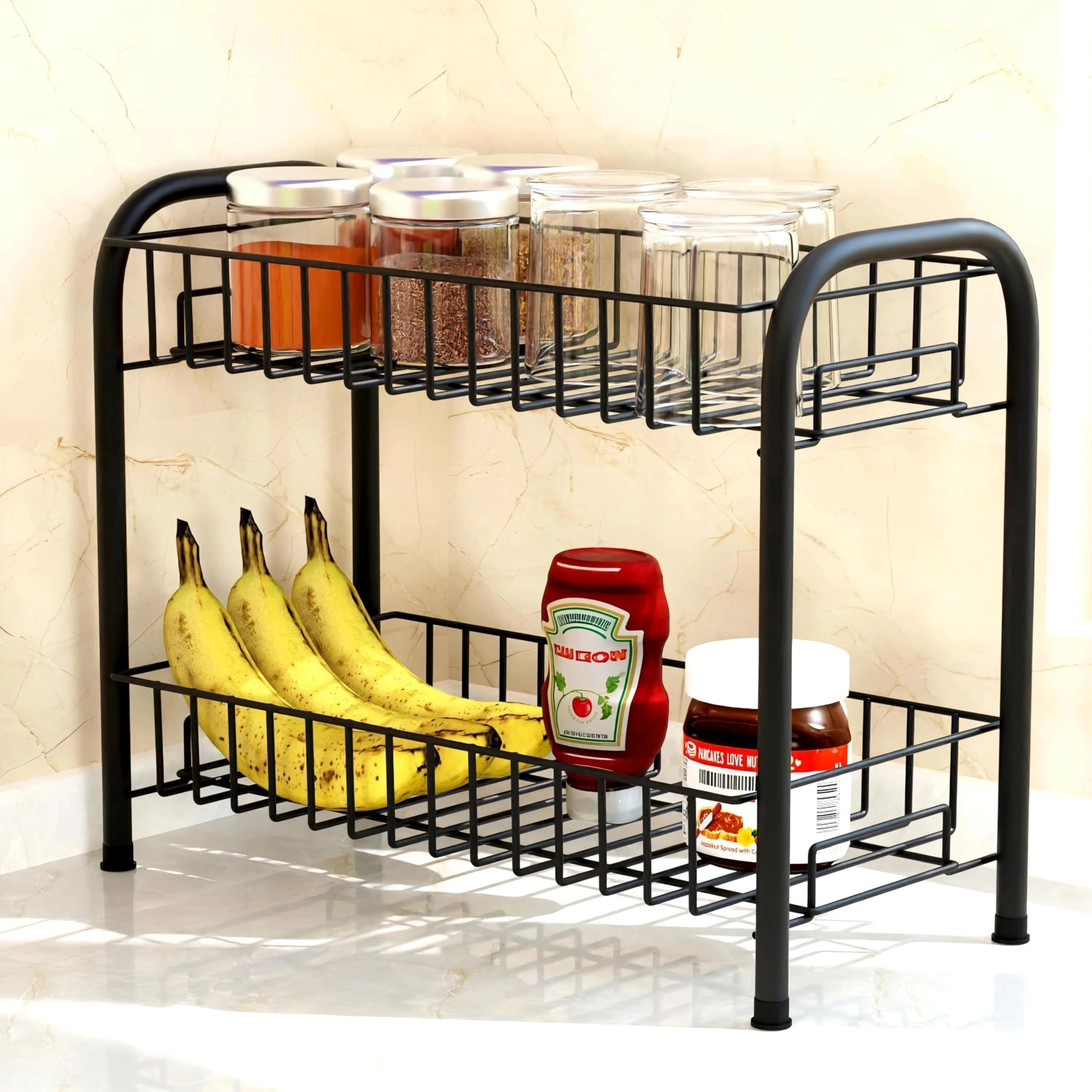 Anjil Steel 2Tier Kitchen Rack, Countertop Storage Organizer For Spices, Jars, Bottles, Black, 40X30X4 Cm