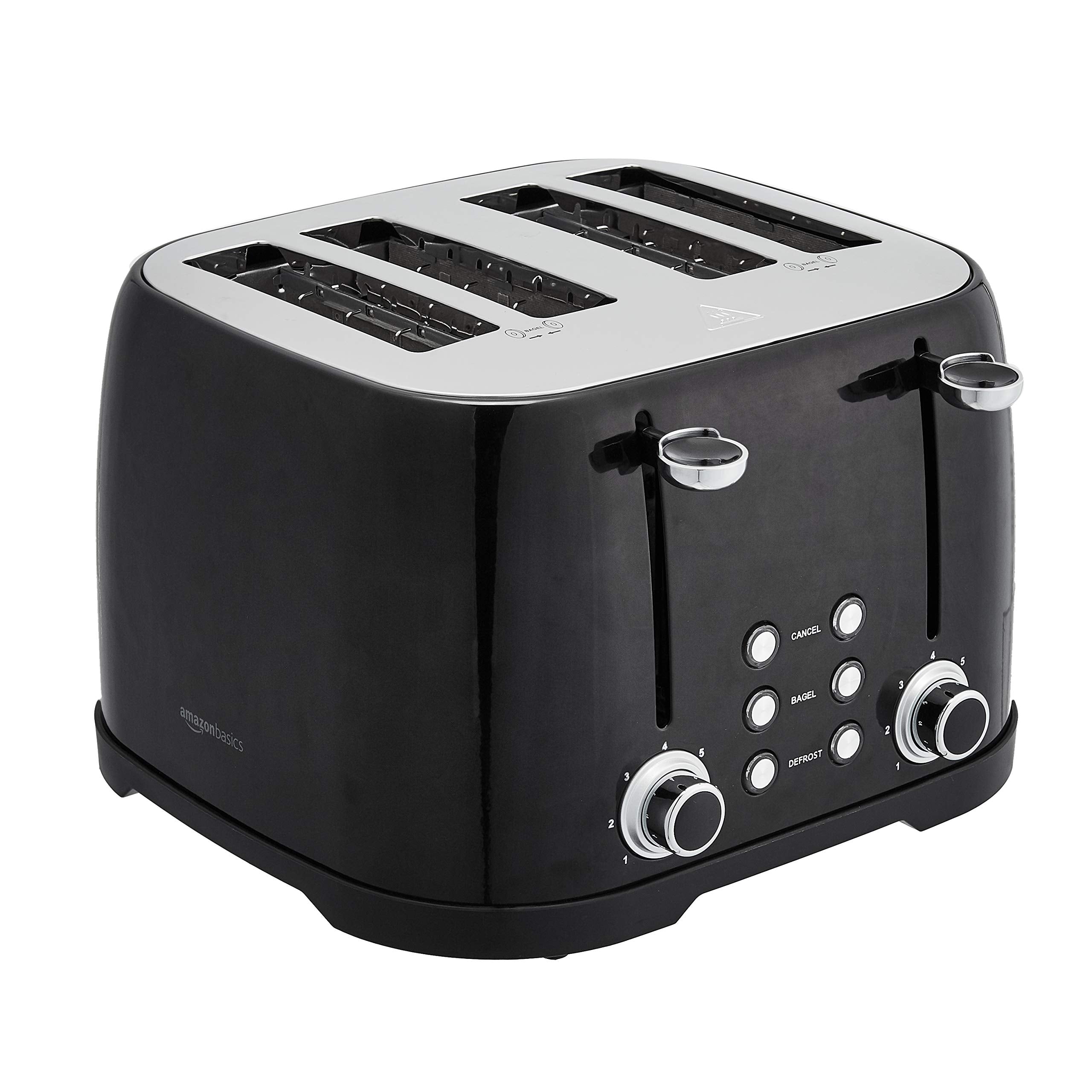 Amazon Basics 4 Slice Toaster, 6 Browning Settings, Removable Crumb Tray, Bagel and Defrost Function, Cancel Button, 1600W, Blac