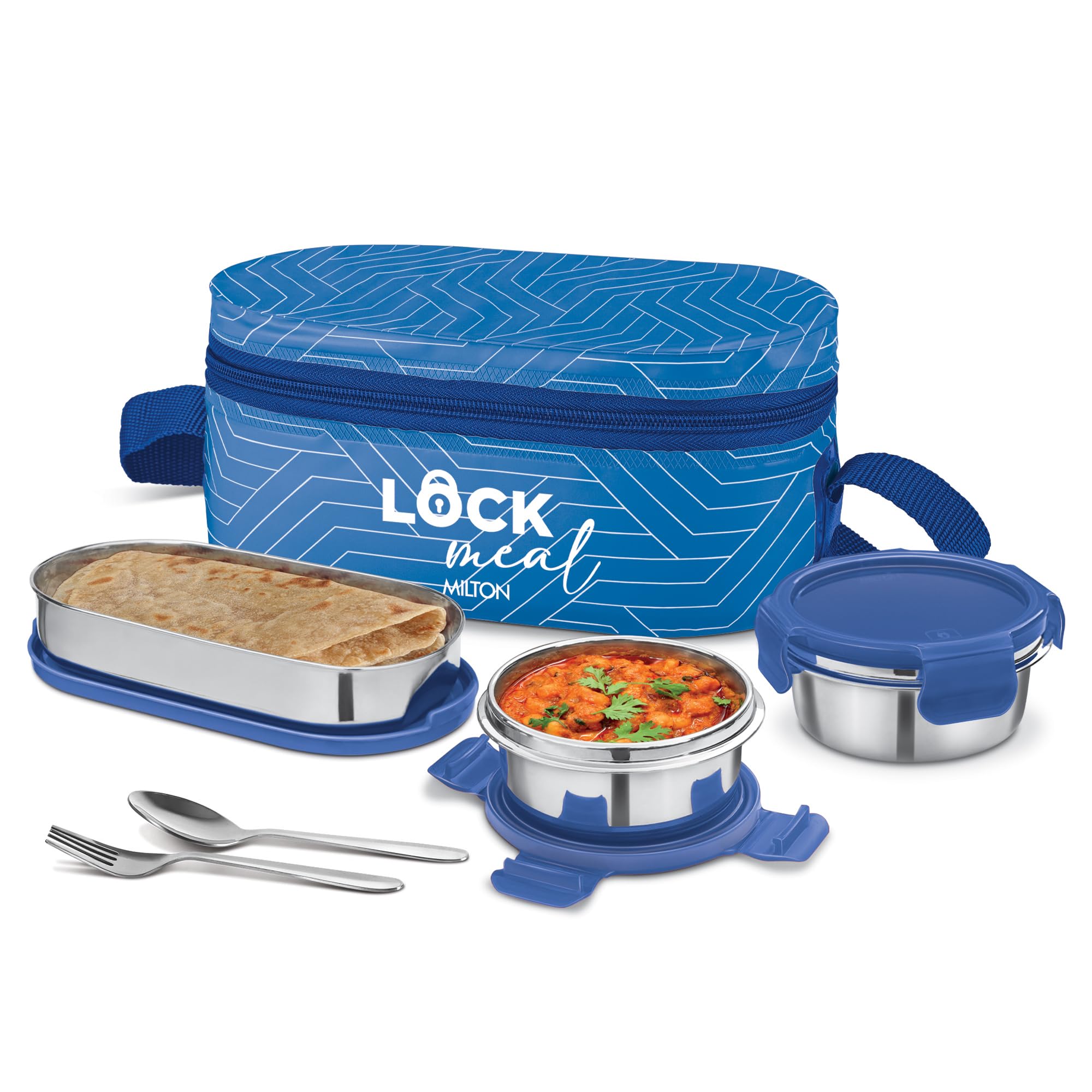 Milton Lock Meal Lunch Box (2 Round Inner Steel Containers 320Ml Each, 1 Oval Container 450Ml; Steel Cutleries) With Unisex Bag,