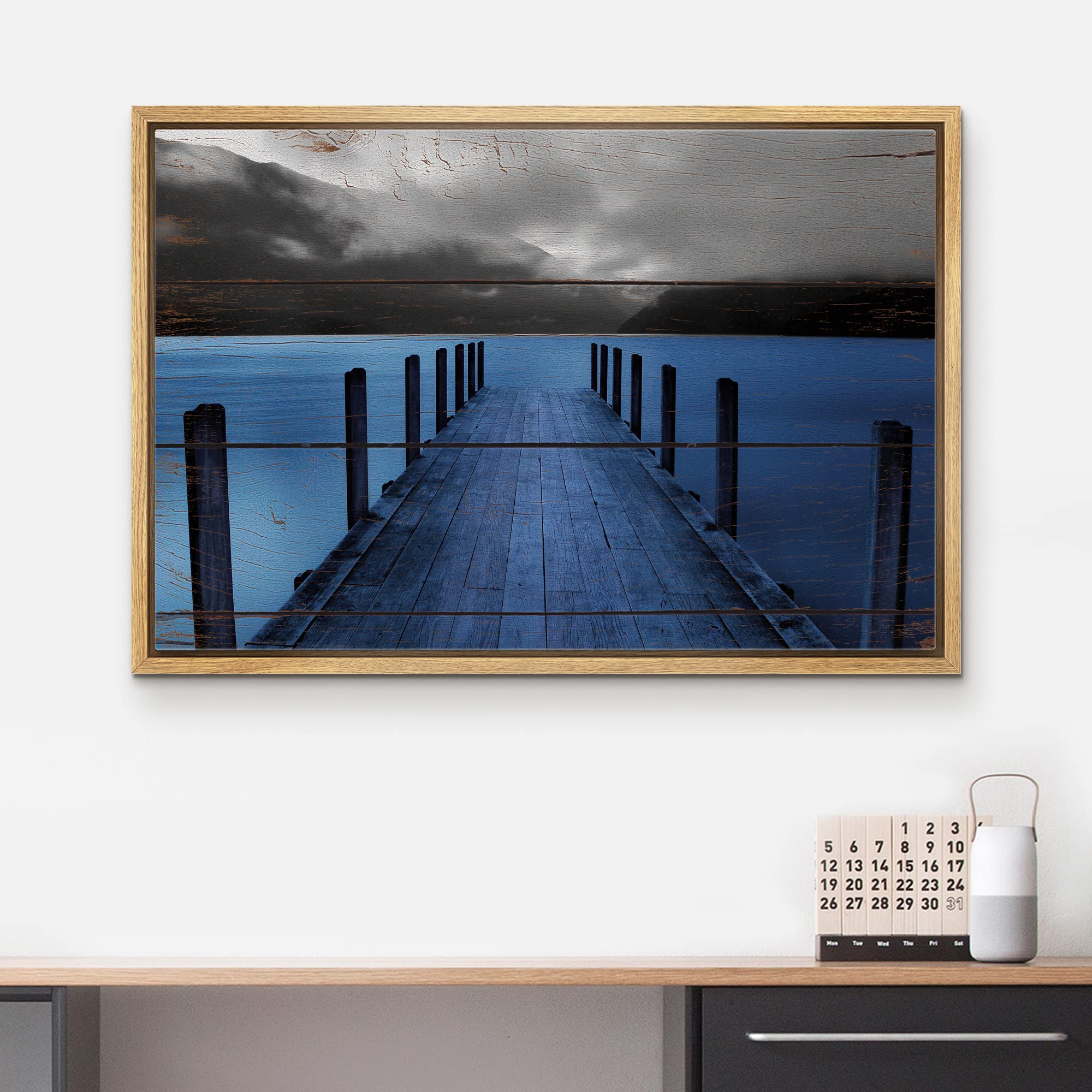wall26 Framed Canvas Print Wall Art Evening on Black & Blue Grayscale Beach Pier Nature Wilderness Digital Art Realism Chic Colorful Multicolor Ultra for Living Room  Bedroom  Office - 16''x24'' NATURAL