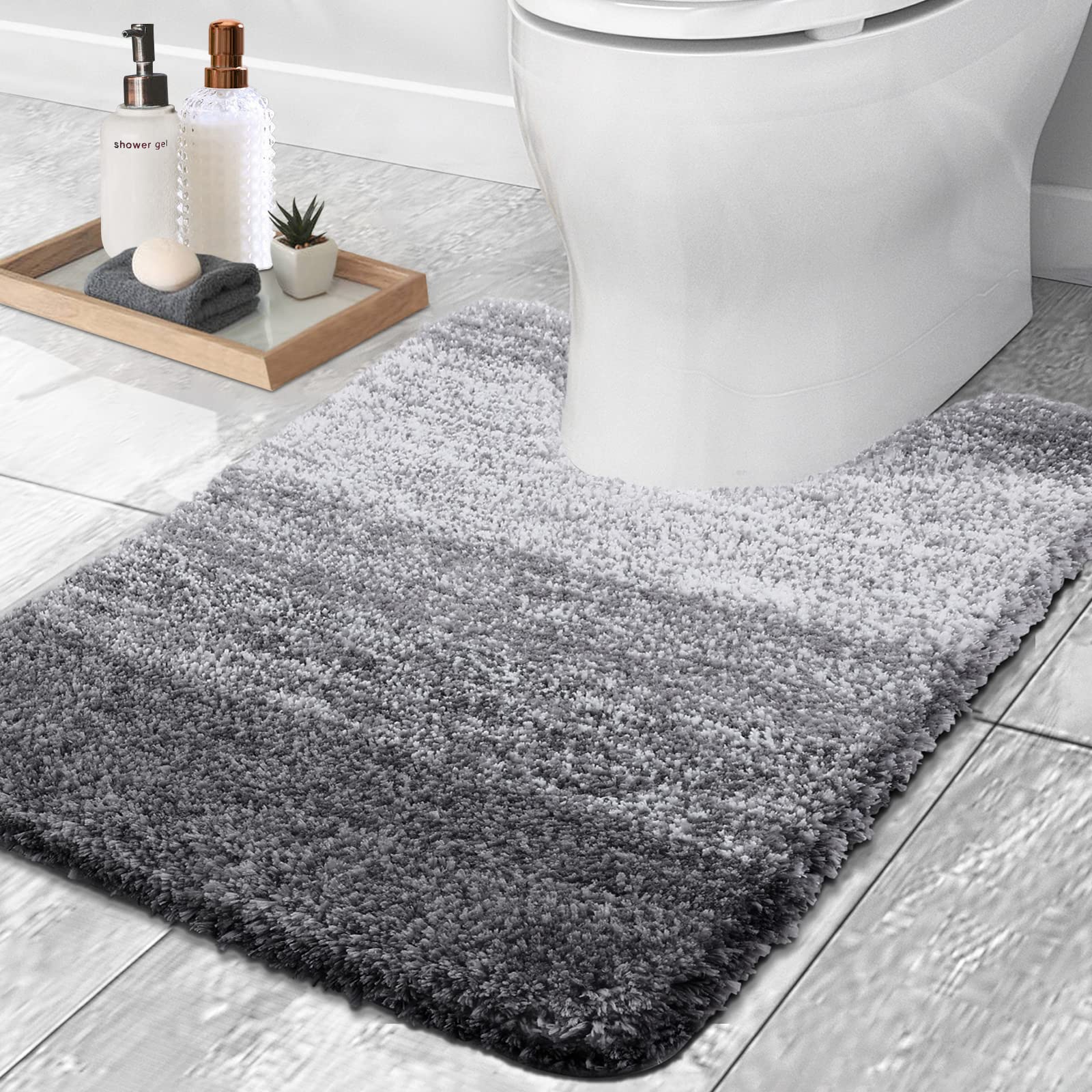 OLANLY Luxury Toilet Rugs U-Shaped 24x20  Extra Soft and Absorbent Microfiber Bathroom Rugs  Non-Slip Plush Shaggy Toilet Bath Mat  Machine Wash Dry  Contour Bath Rugs for Toilet Base  Grey