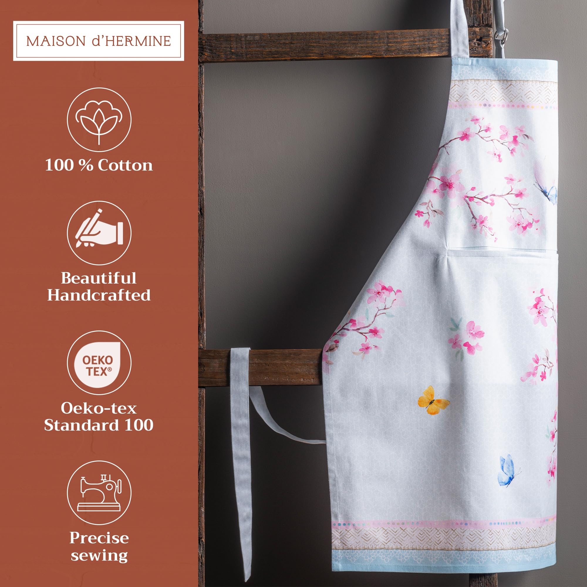 Maison d' Hermine Apron 100% Cotton 1 Piece Adjustable Neck Strap Clothapron with Center Pocket for Gifts  Women  Men  Banquet  Blossoms In Spring - Spring/Summer (27.50''x31.50'')