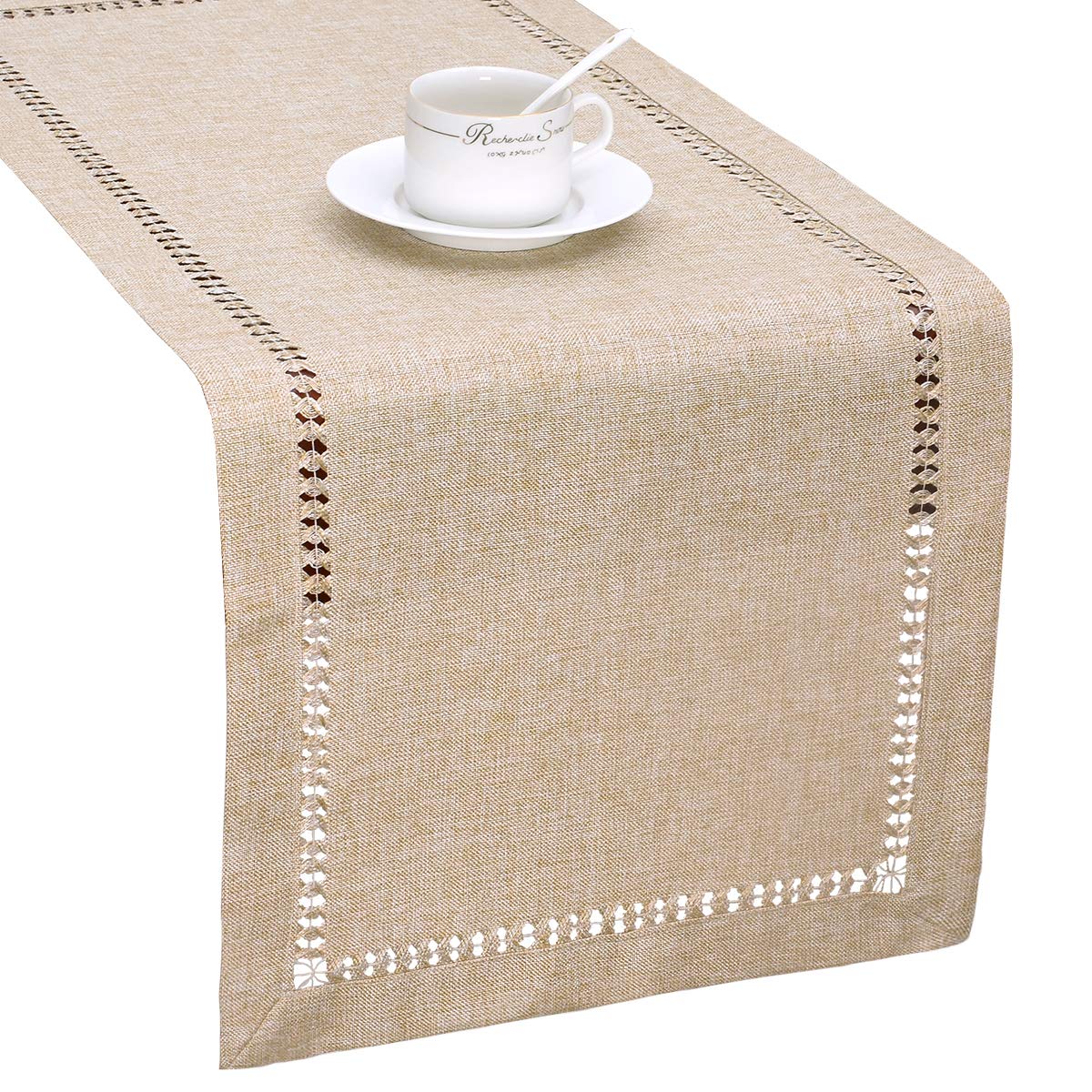 Grelucgo Handmade Hemstitch Beige Table Runner, Rectangular 14 By 90 Inch
