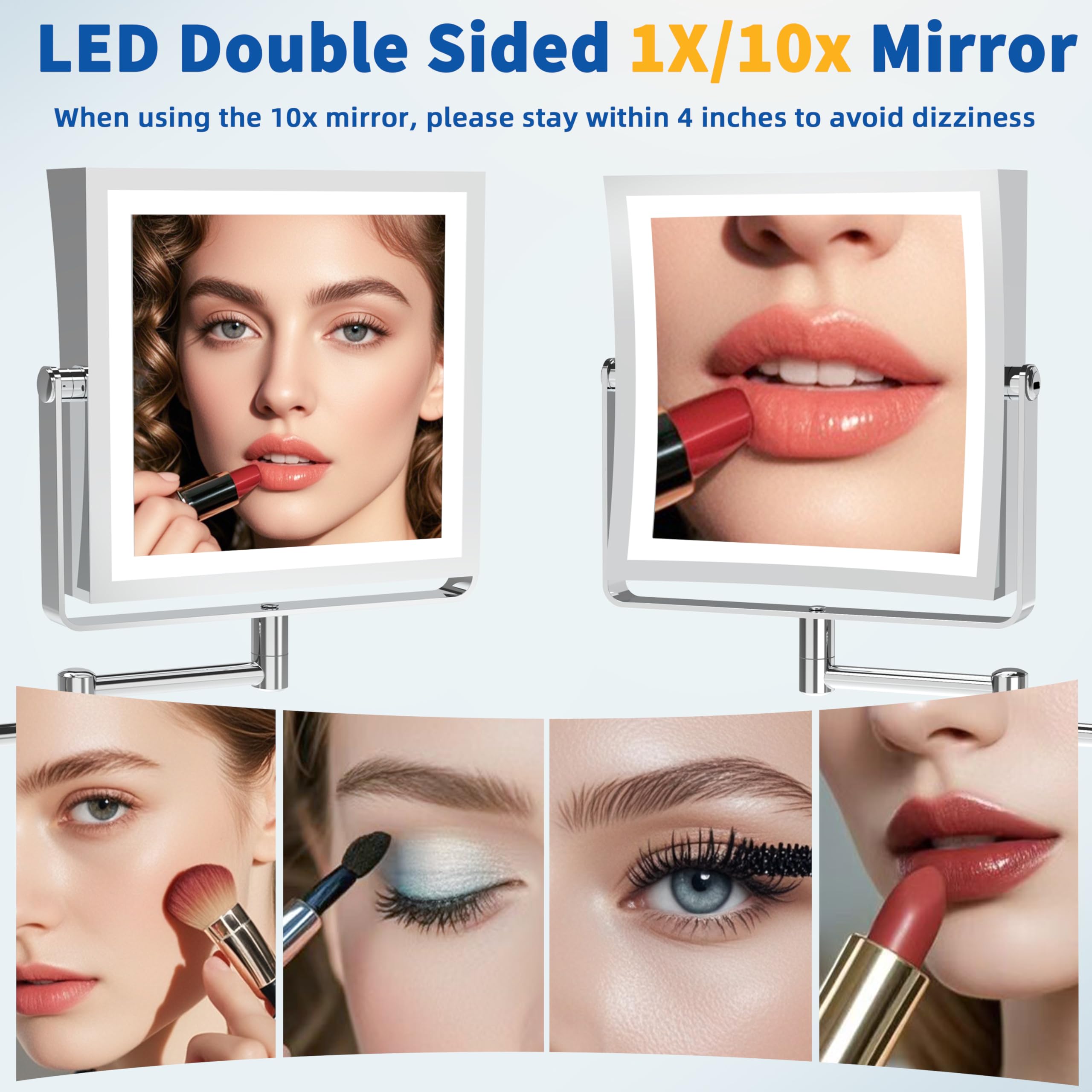 Ruacq Rechargeable Wall Mounted Makeup Mirror With Lights, Double Sided 1X/10X Magnifying Vanity Mirror With 3 Color Lighting, T