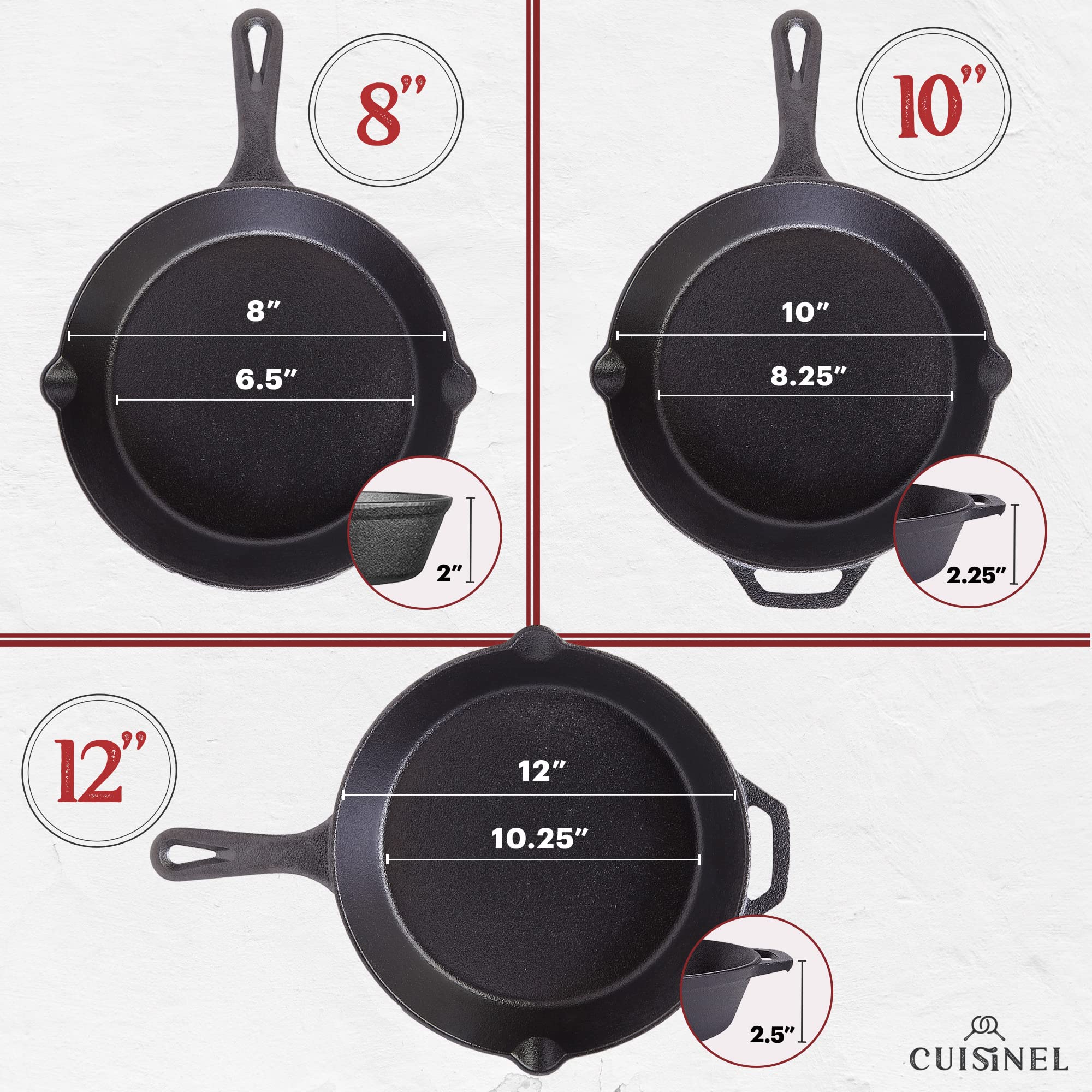 Cuisinel Cast Iron Skillets Set With Lids - 8''+10''+12''-Inch Pre-Seasoned Covered Frying Pan Set + Silicone Handle And Lid Hol