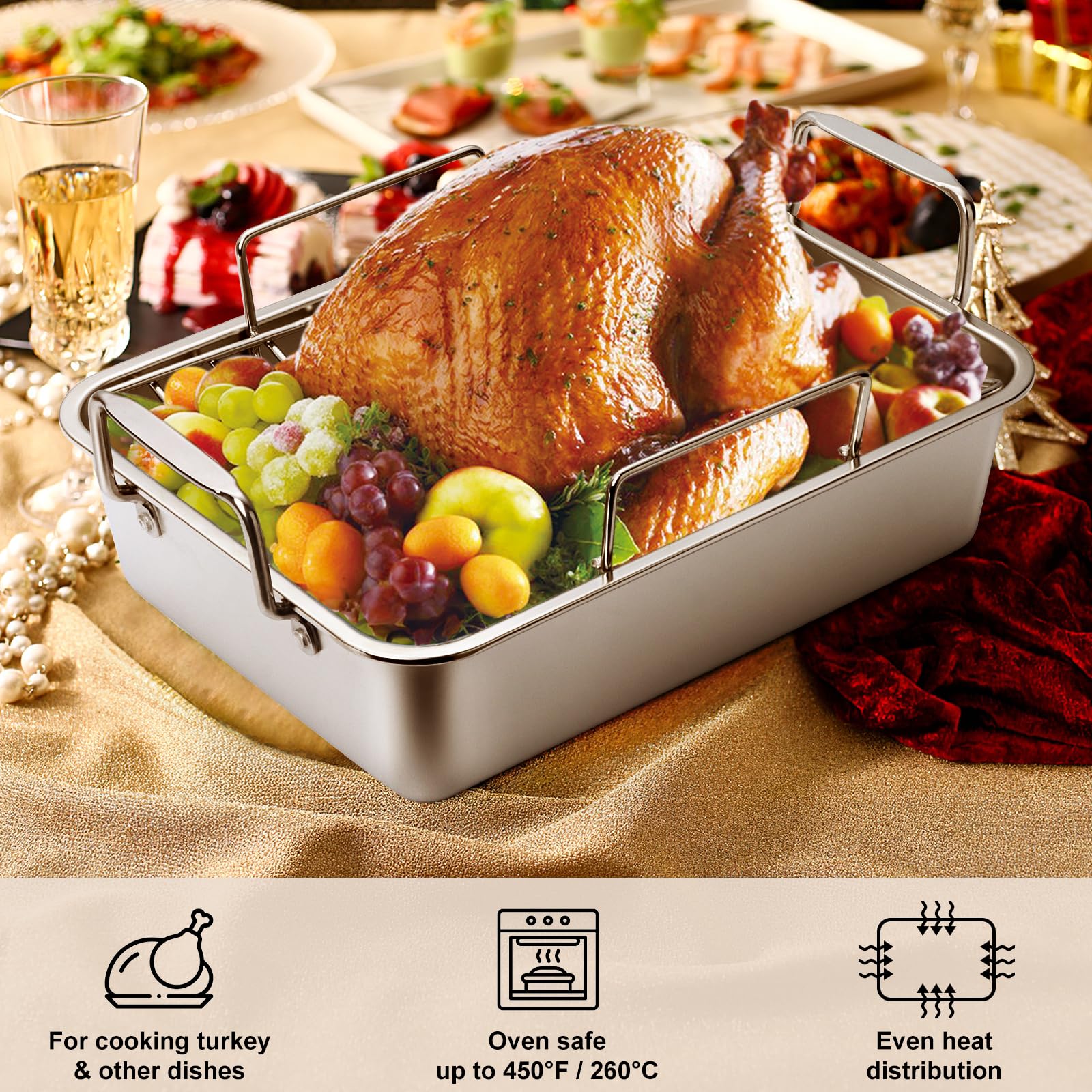 Roasting Pan, 14*10 Inch Stainless Steel Turkey Roaster With Rack - Deep Broiling Pan & V-Shaped Rack & Flat Rack, Non-Toxic & H