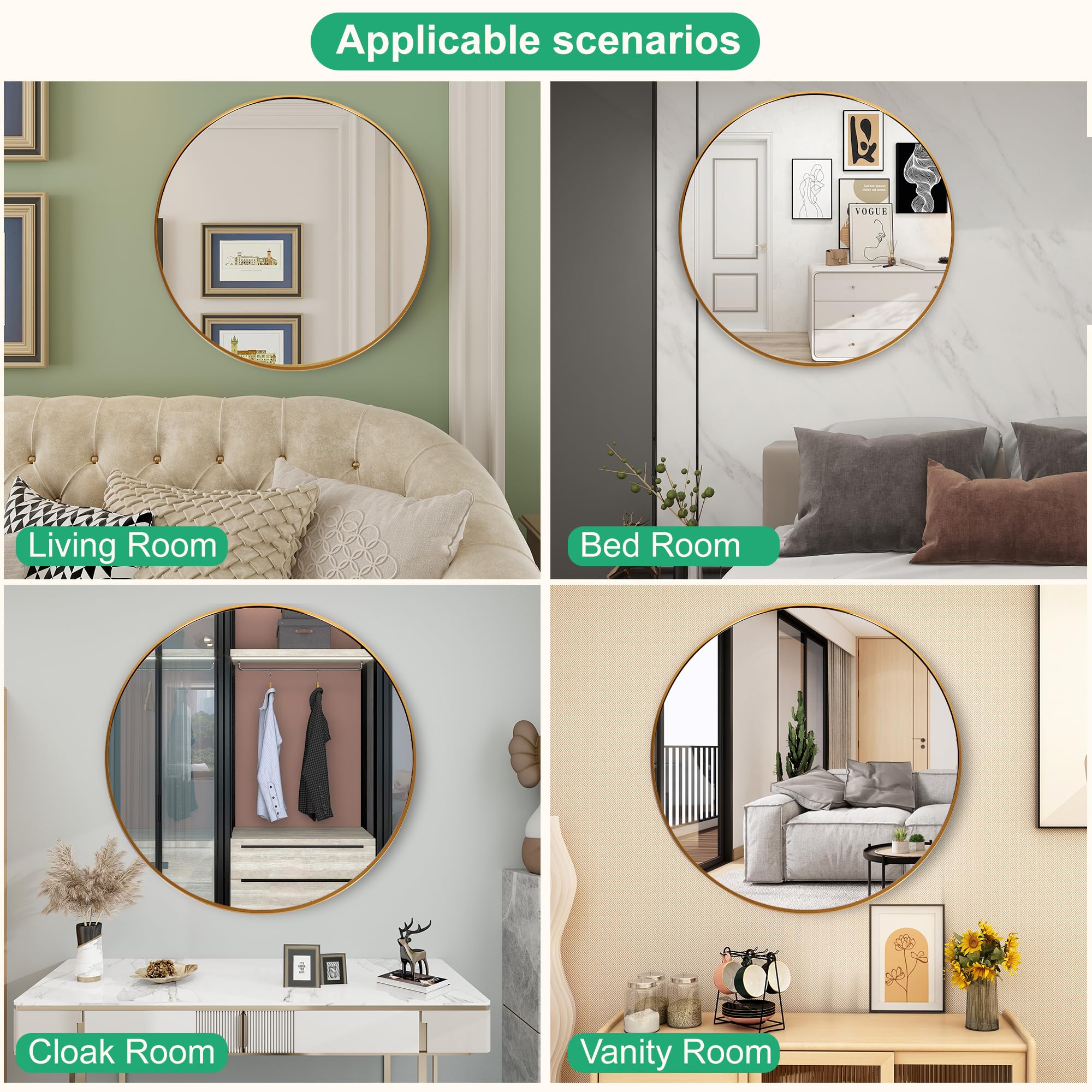 FANYUSHOW Round Mirror For Bathroom, Gold Circle Mirror For Wall Mounted, 24 Modern Brushed Brass Metal Frame Round Mirror For W