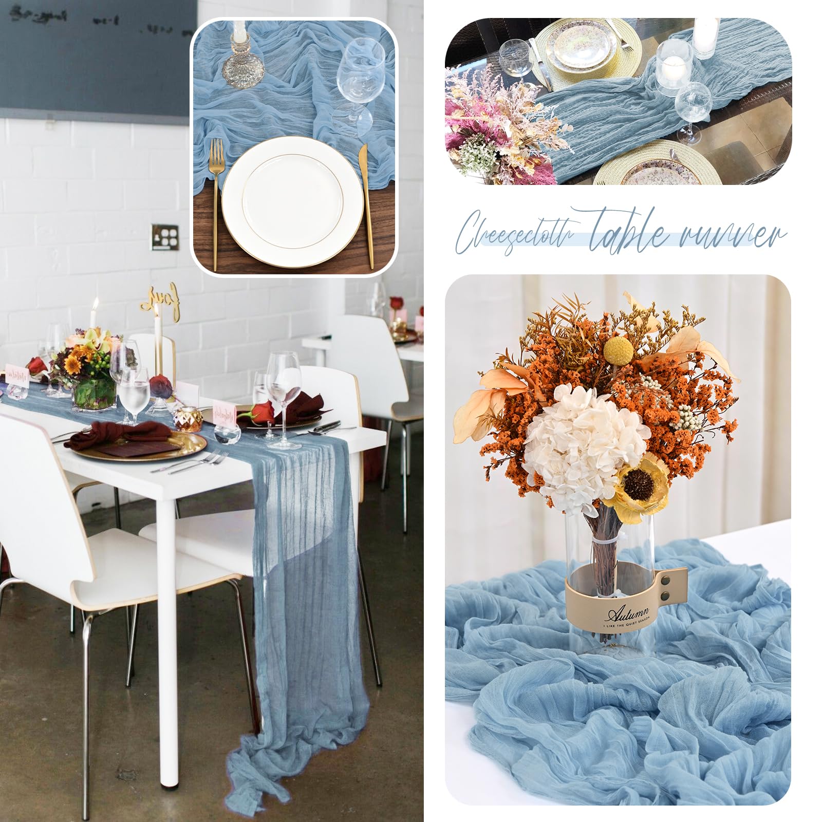 Fxks 12 Pack Dusty Blue Cheesecloth Table Runner 35X70 Inch Gauze Cheese Cloth Table Runner, Boho Rustic Table Decorations For W