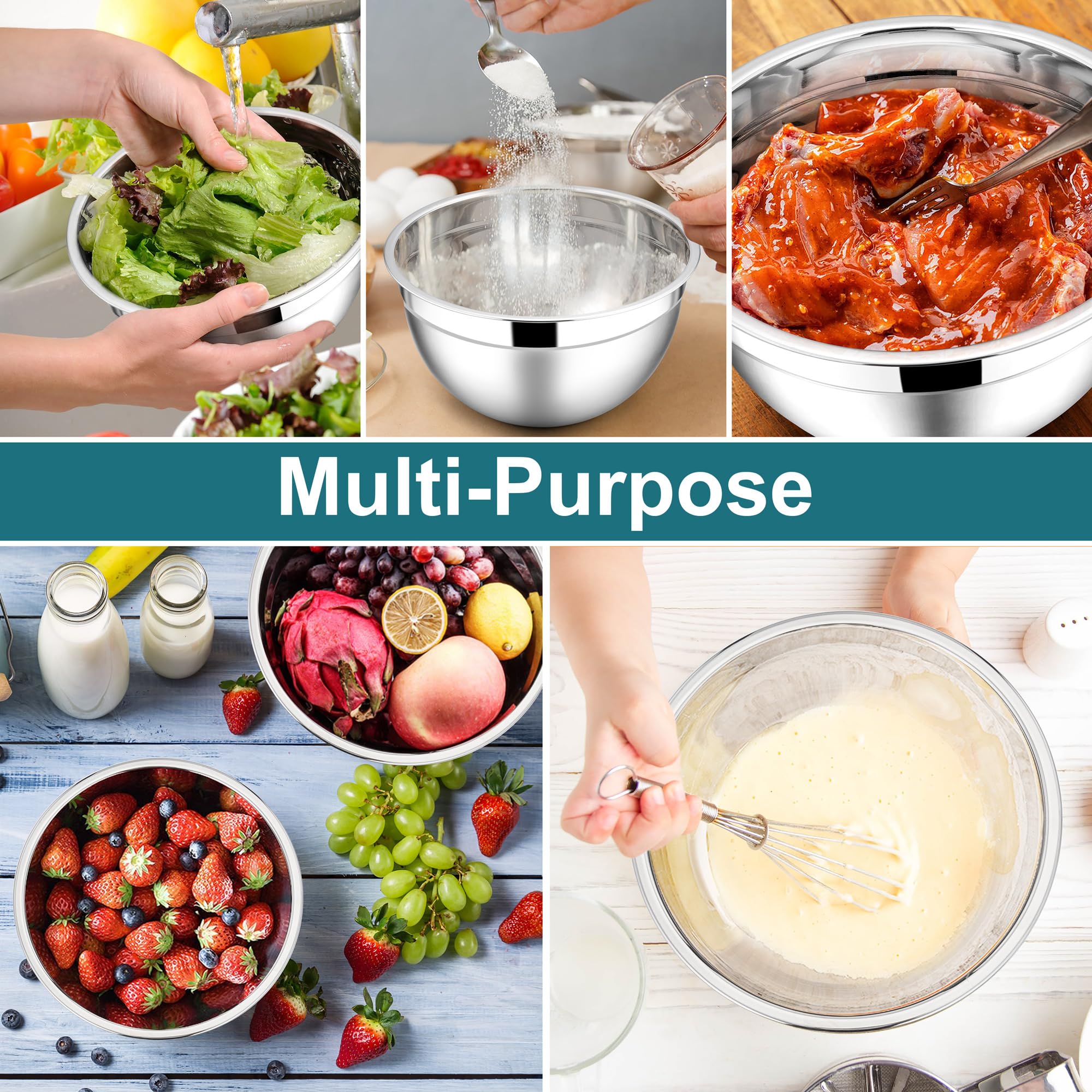 E-Far Mixing Bowls With Lids, 12-Piece Stainless Steel Salad Bowls Metal Nesting Bowls For Baking Cooking And Prepping, Airtight
