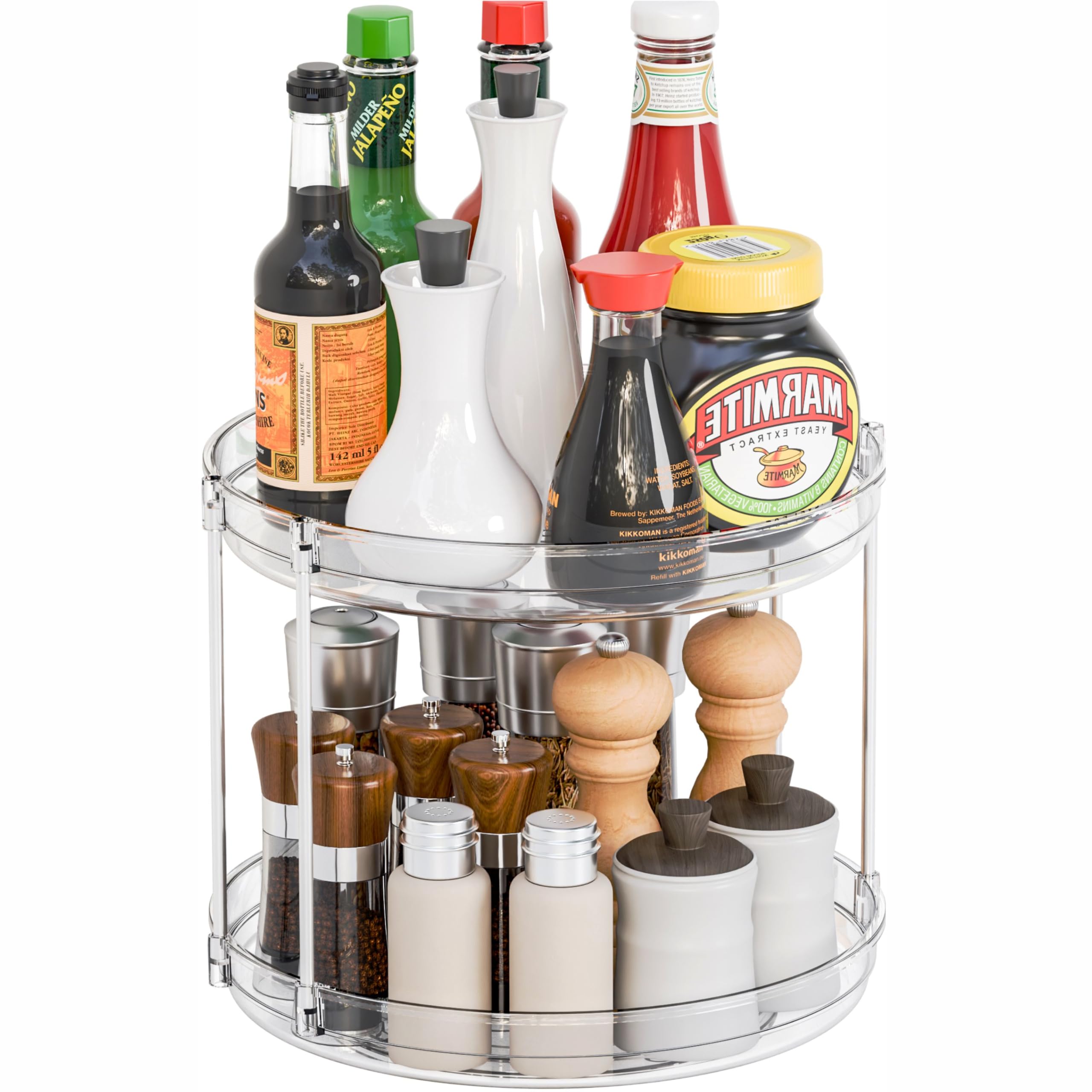 2 Tier Lazy Susan Turntable for Cabinet,Countertop,Pantry,9.5W Spinning Seasoning Organizer,Double Rotating Kitchen Spice Rack O