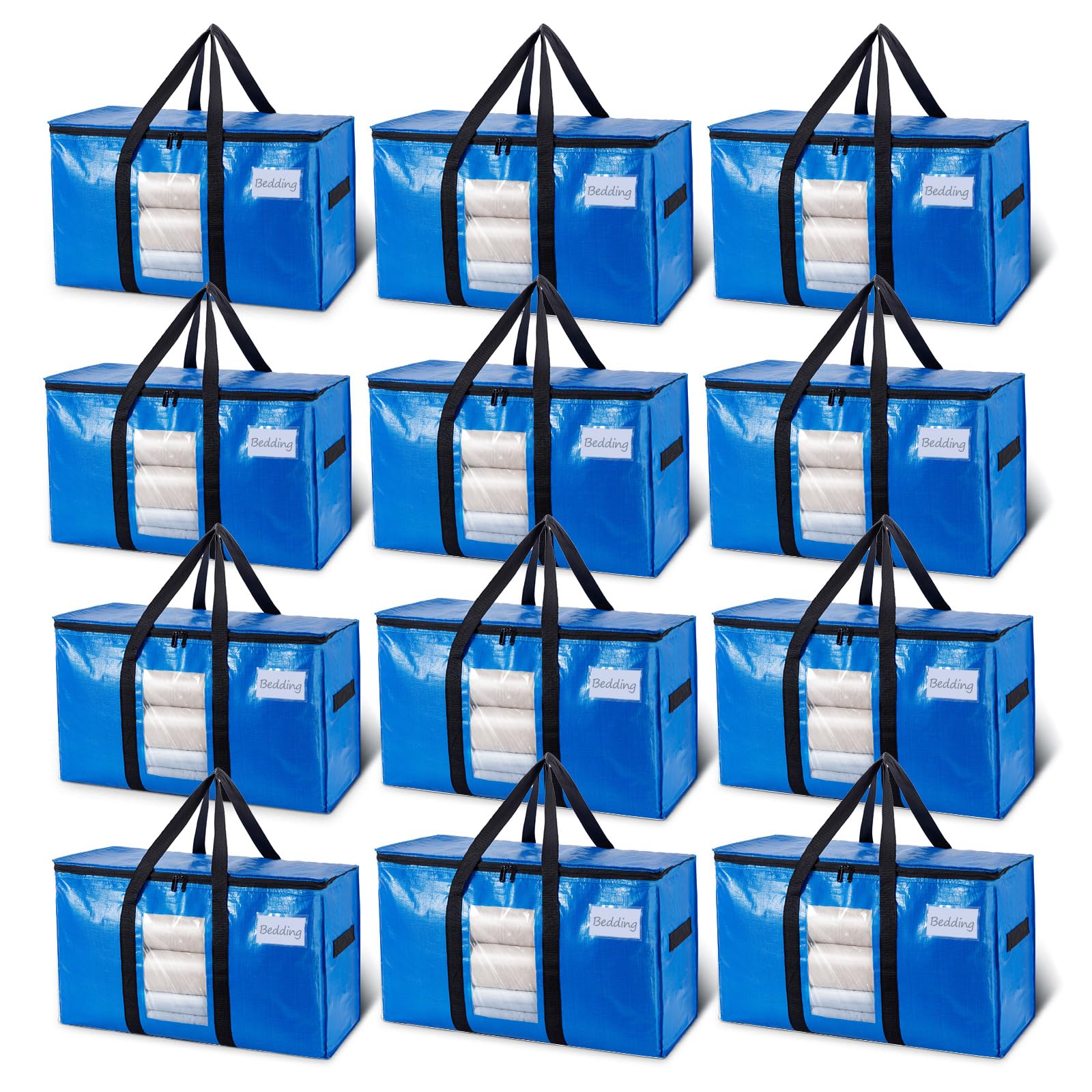 TAILI Extra Large Moving Bags, 12 Pack Blue Heavy Duty Totes for Storage with Visible Window, Wrap Around Handles, Storage Bags 