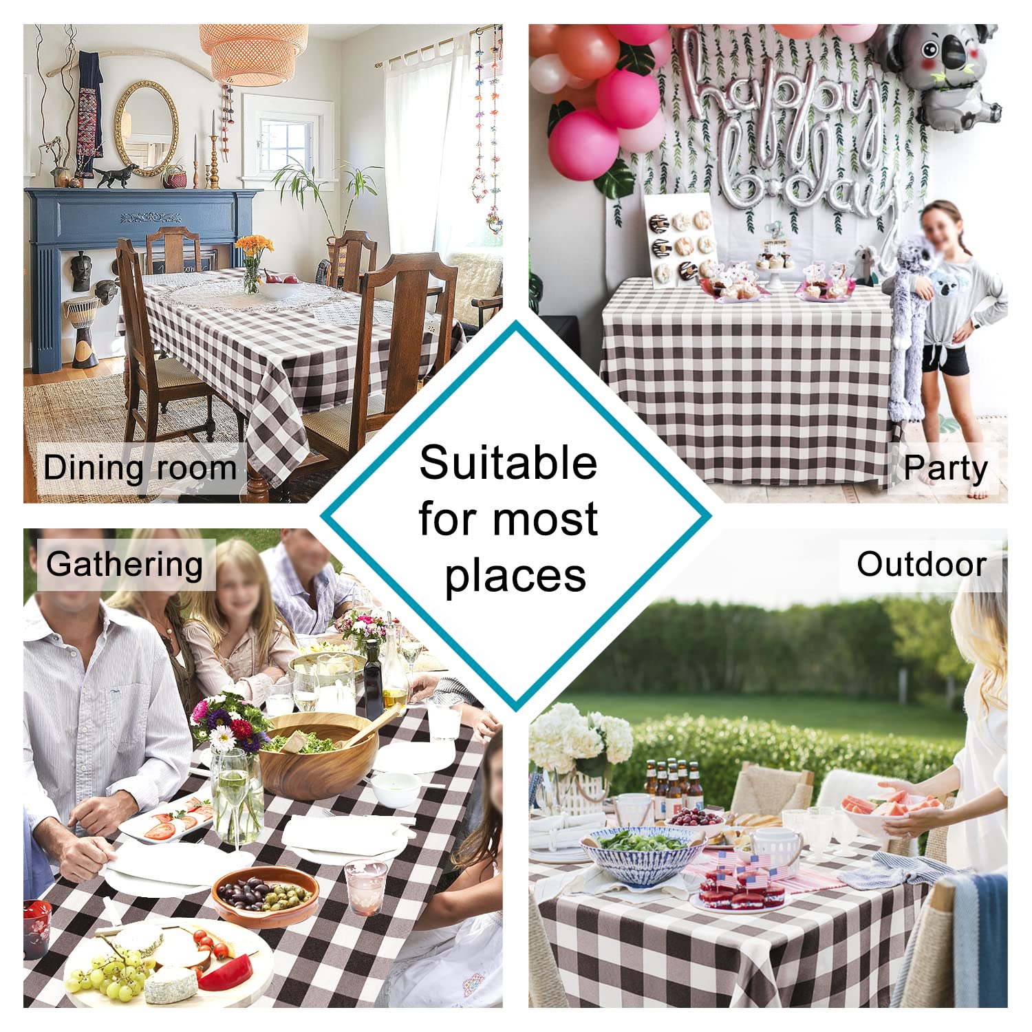 Hiasan Checkered Tablecloth Rectangle - Stain Resistant, Waterproof Polyester Picnic Table Cloth Gingham, 60 X 140 Inch, Coffee