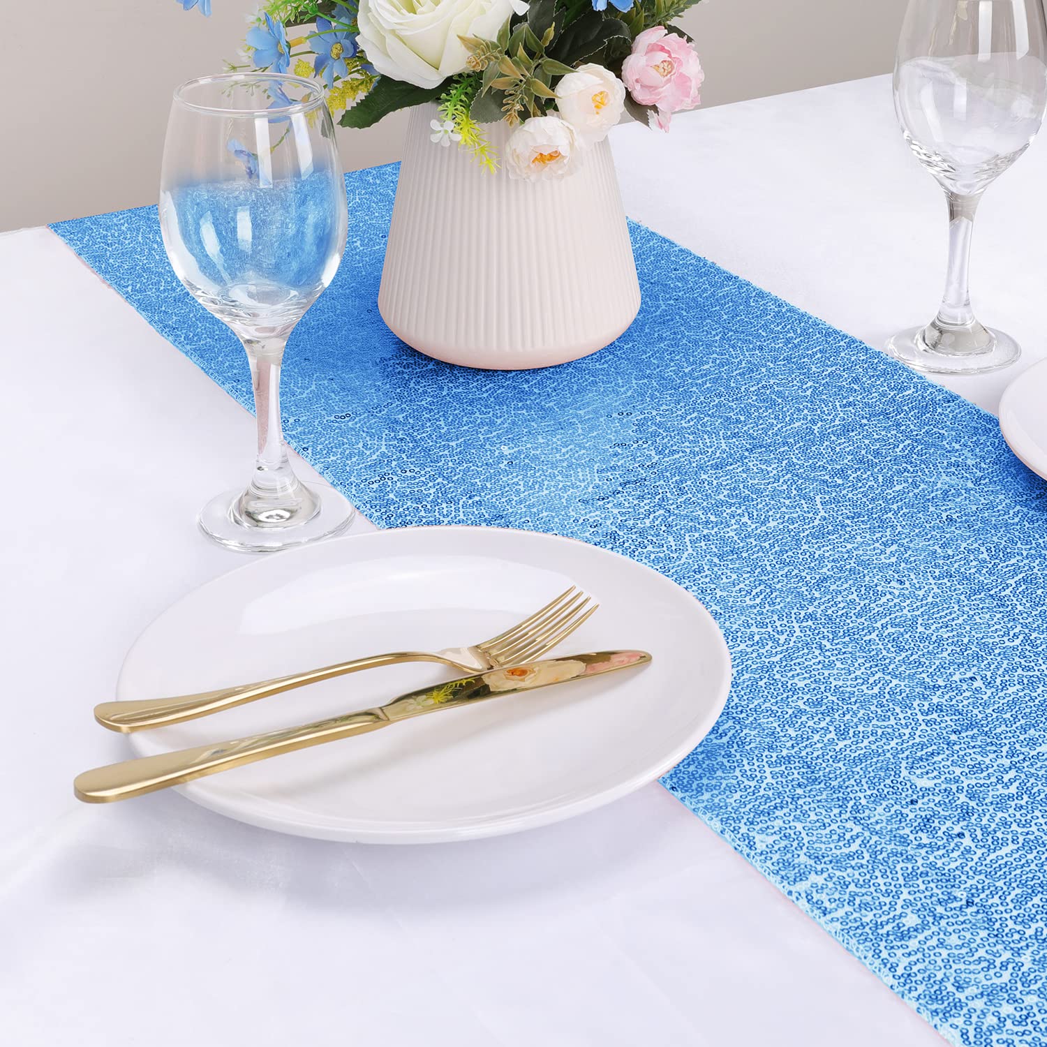 6 Pack Sequin Table Runner Baby Blue, 12 X 108 Inch Glitter Baby Blue Table Runner For Rectangle Table For Birthday, Wedding, Ba