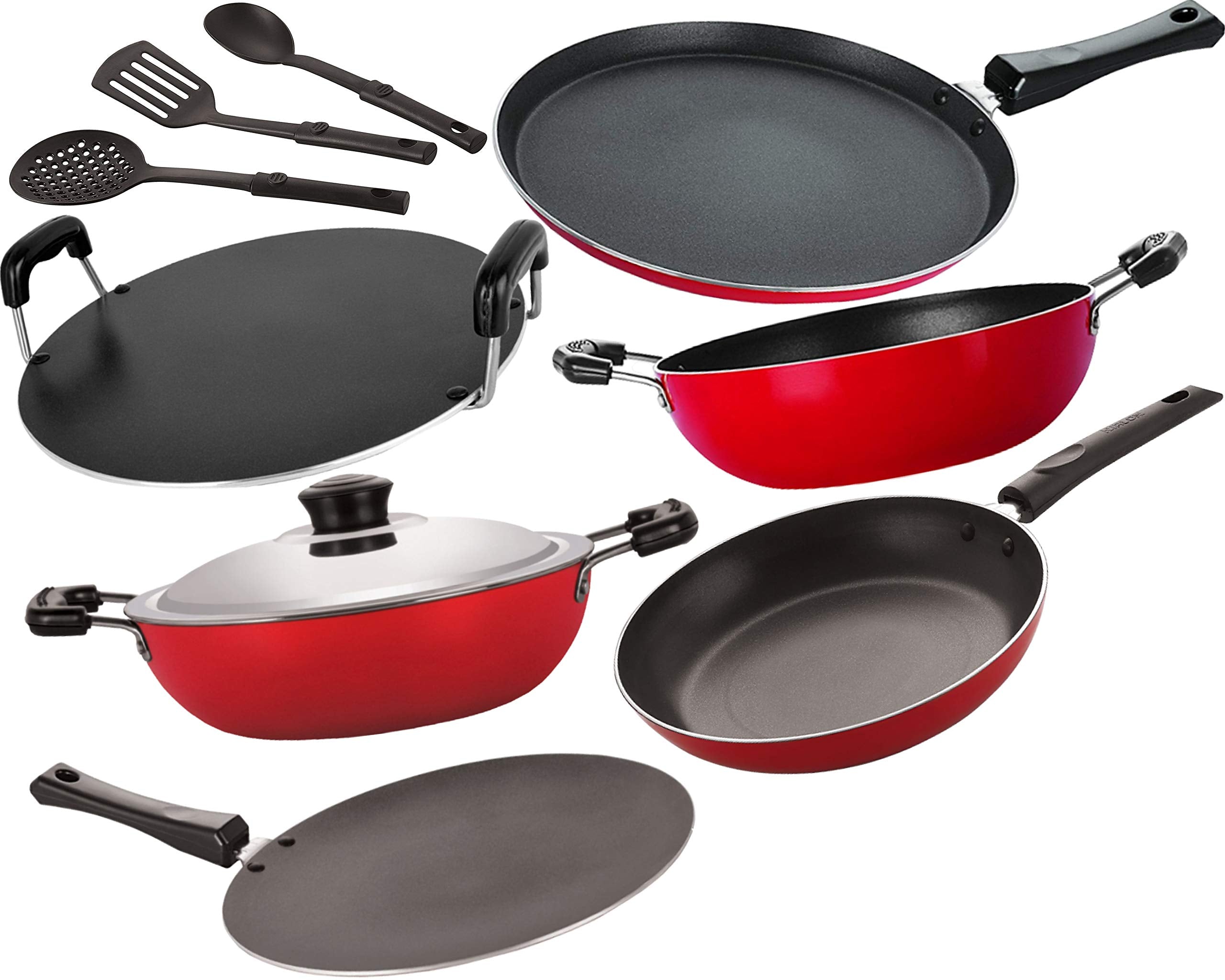 Nirlon Non Stick Kitchen Accessories For Cooking Combo Set With Spoons 9 Pcs [2.6Mm_Ft13_Ct_Kd13_Dkdb_Rt_Tp24_3Spn]