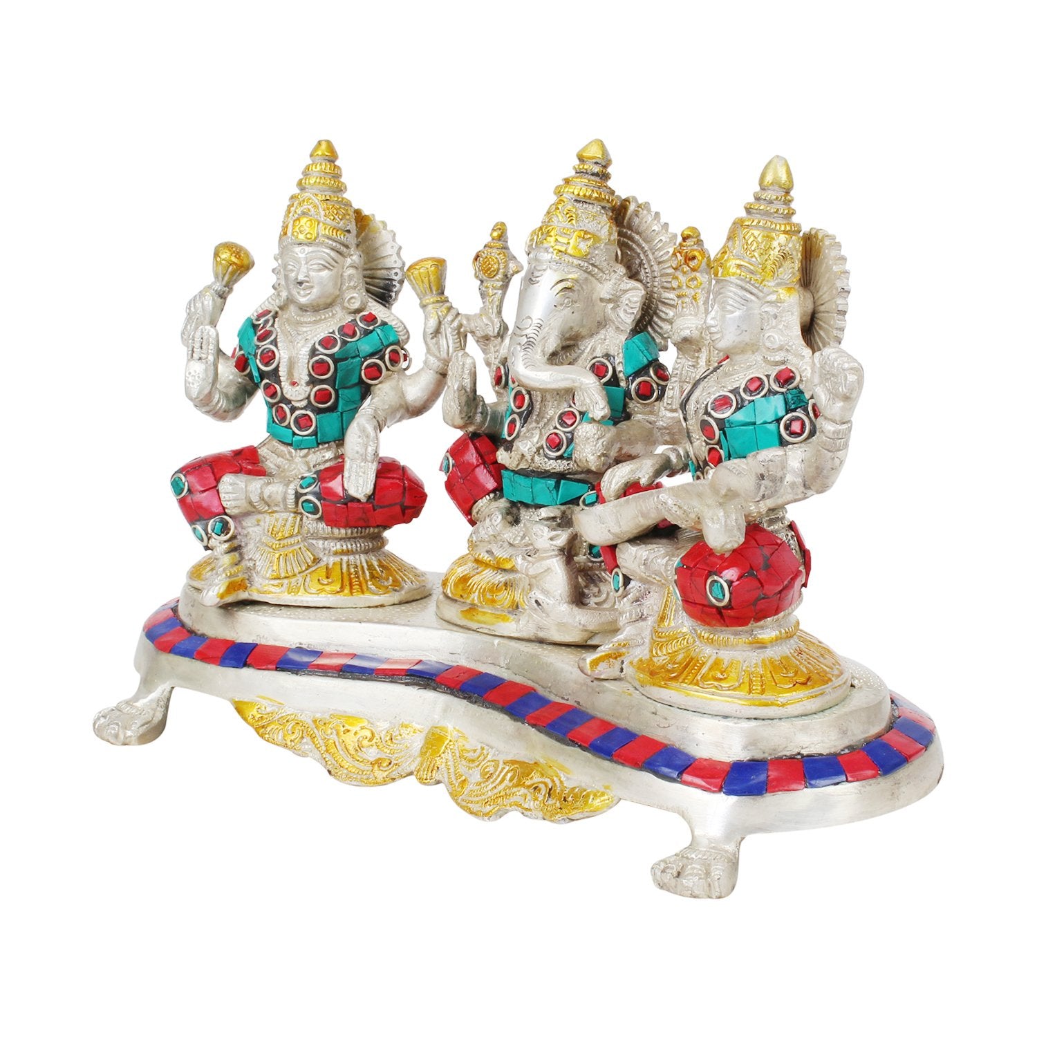 Svarup Brass Lakshmi Ganesha Saraswati Laxmi Ganesh And Sarasvati Idol For Diwali Pooja Home Decor (Length 9.5 Inch Weight 3.30