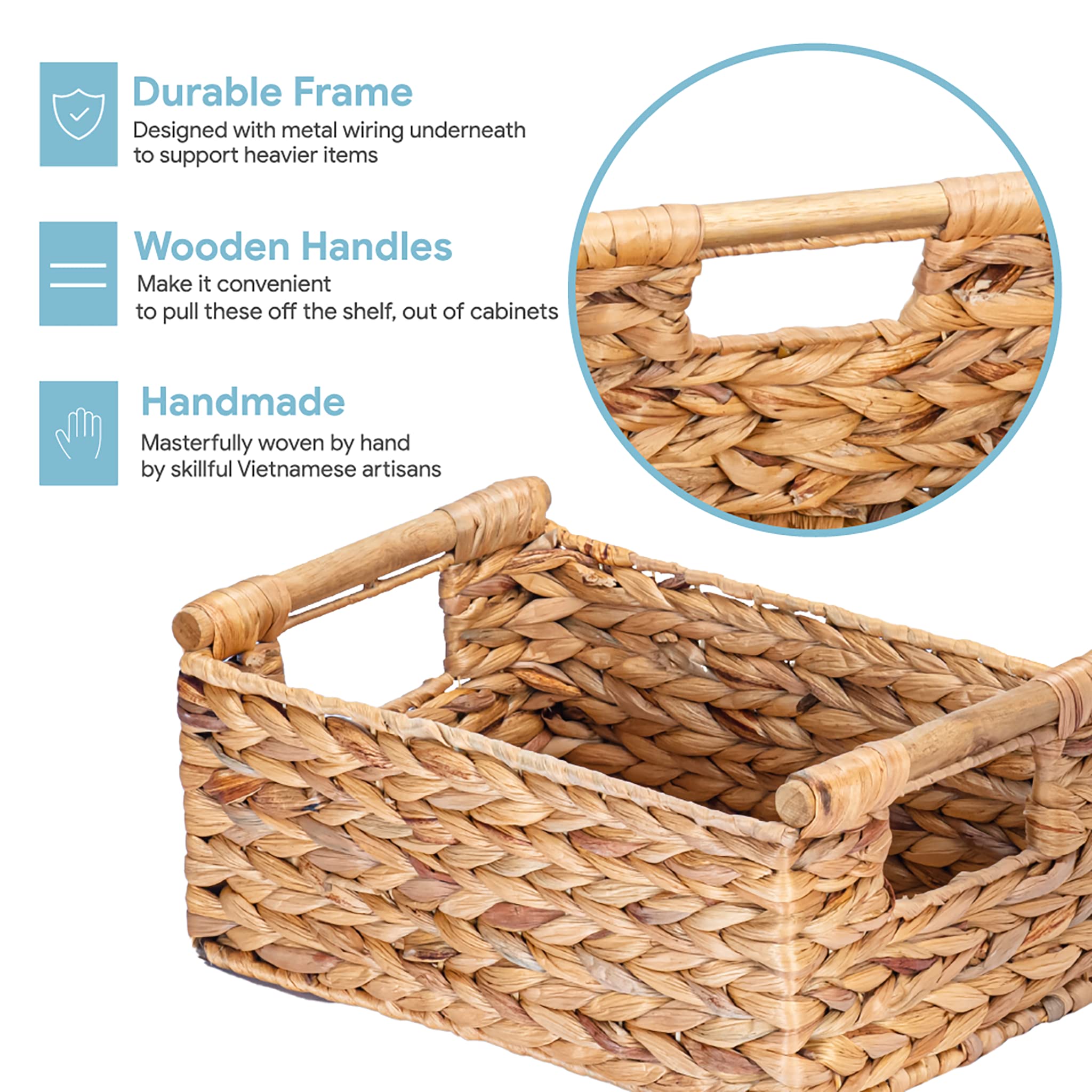 VATIMA Hyacinth Small Wicker Basket 11.6x8.1x4.9'' - Bathroom Organizer  Wooden Handle  Decorative Storage
