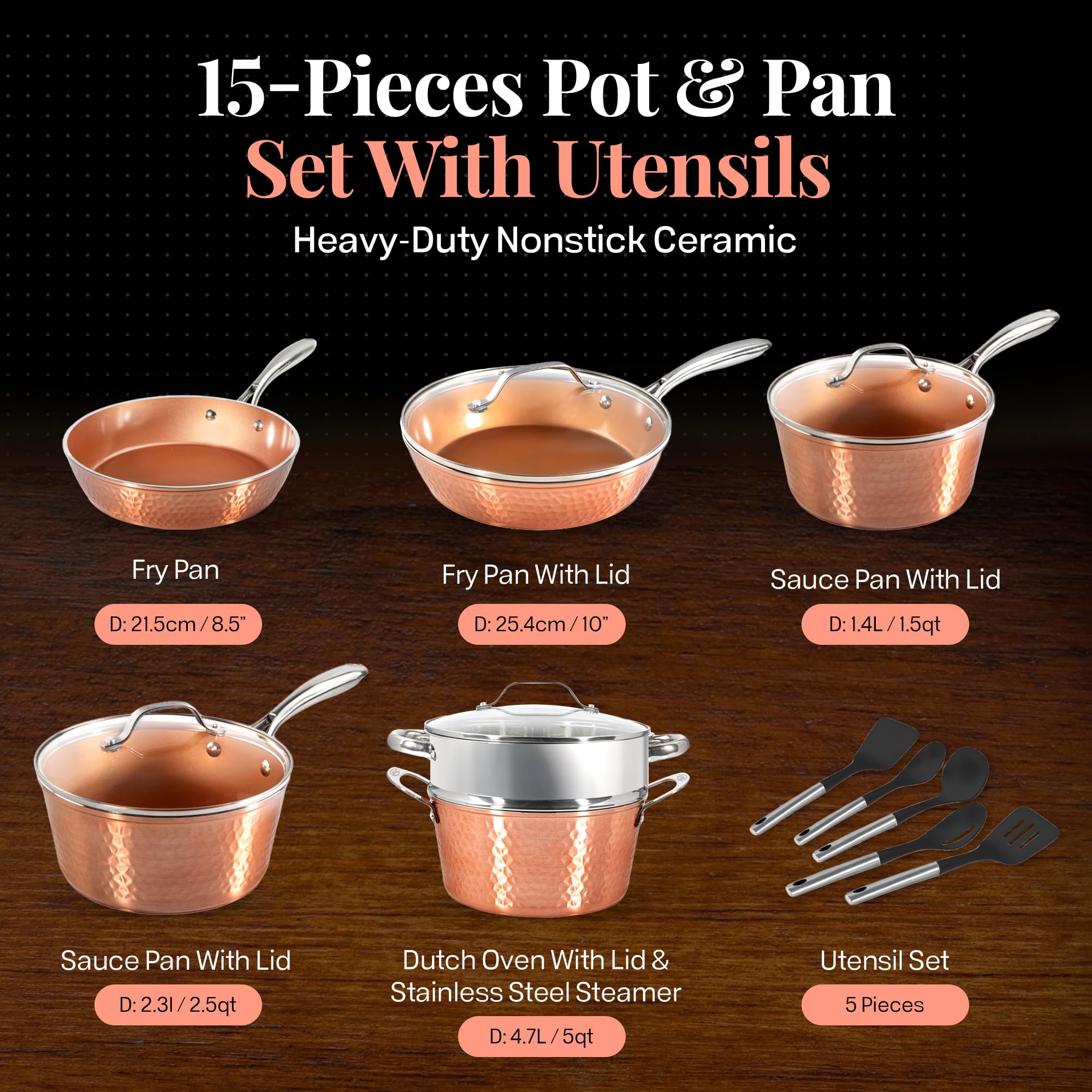 GOTHAM STEEL 15 Pc Hammered Copper Nonstick Cookware Set, PFOA Free, Induction Ready, Oven & Dishwasher Safe