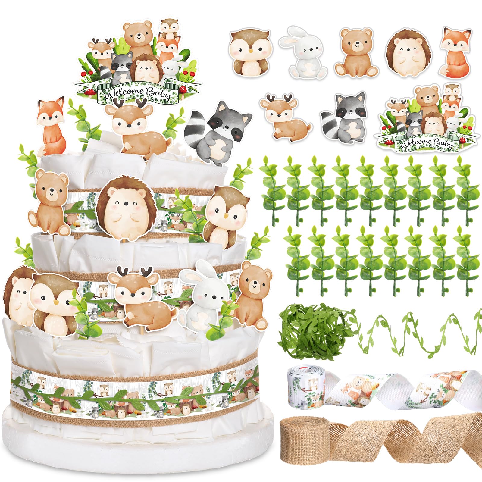 MotiMind Woodland Baby Shower Decorations DIY Diaper Cake Kit with Neutral Forest Animal Burlap Sage Green Leaf Ribbon Leaves We