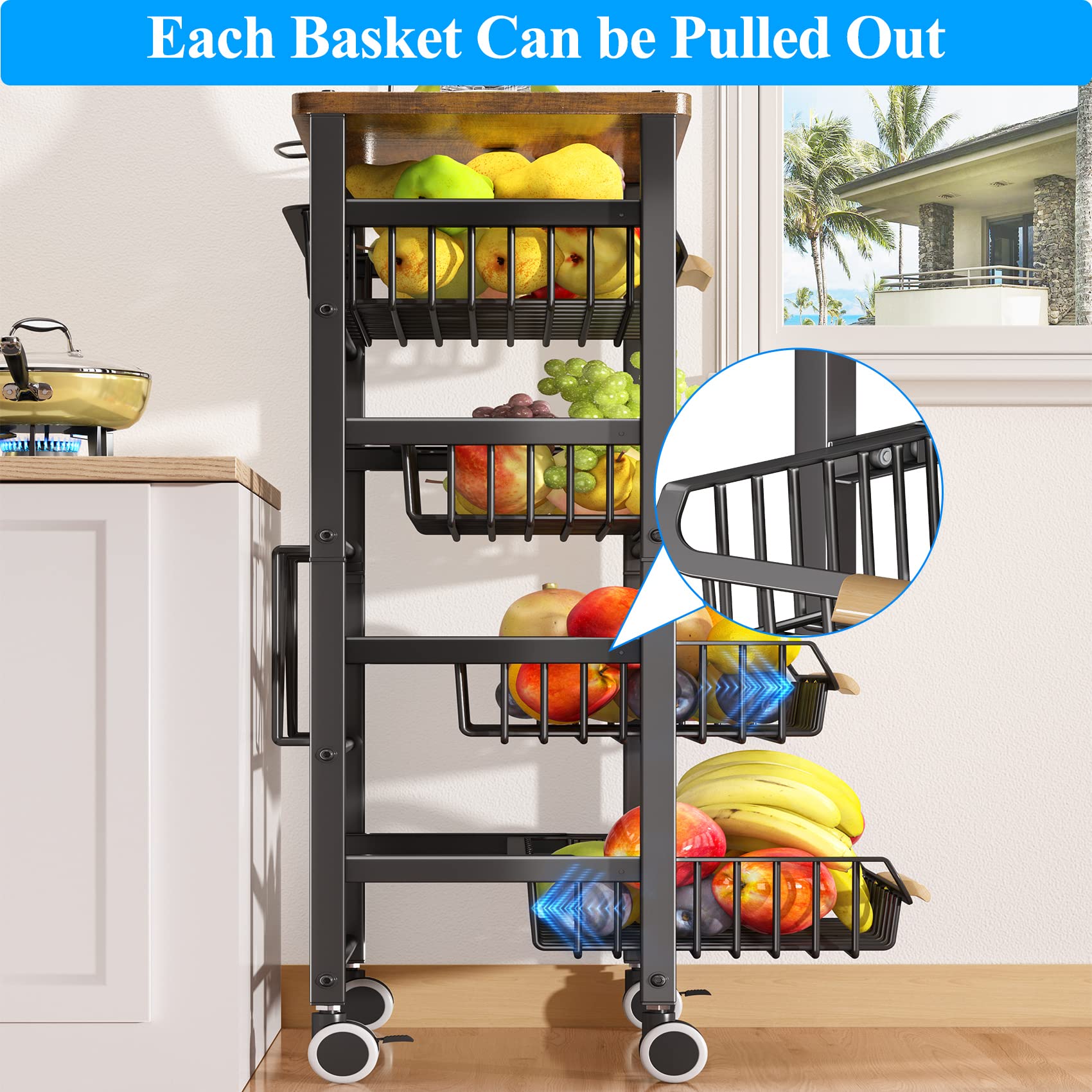 Sayzh Fruit Basket For Kitchen, 5 Tier Large Pull-Out Wire Basket With Wood Top And Wheels, Kitchen Storage Cart For Fruit Veget