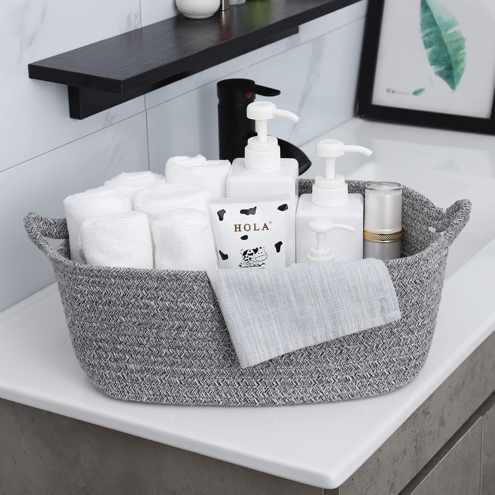 ABenkle Rope Storage Basket  13.5''x 10''x 5'' Cotton Woven Dog Cat Toy Bins  Cube Soft Baskets with Handles  Decorative Shelves Closet Organizing for Nursery Laundry Bedroom Bathroom - Grey