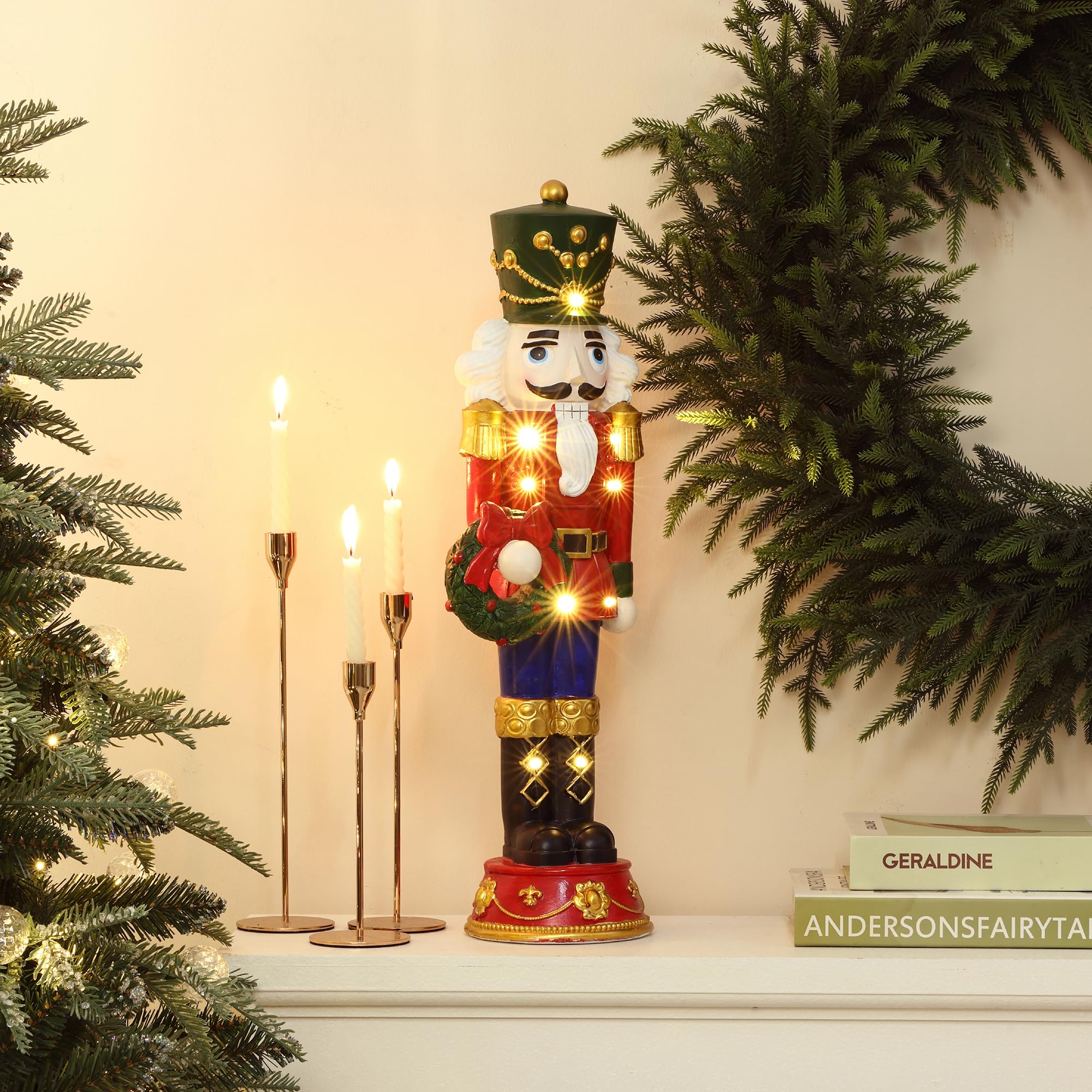 LuxenHome 2FT Tall Nutcracker Christmas Decoration, Lighted Holiday Nutcracker Soldier Statue Festival Wreath, Christmas Decorat