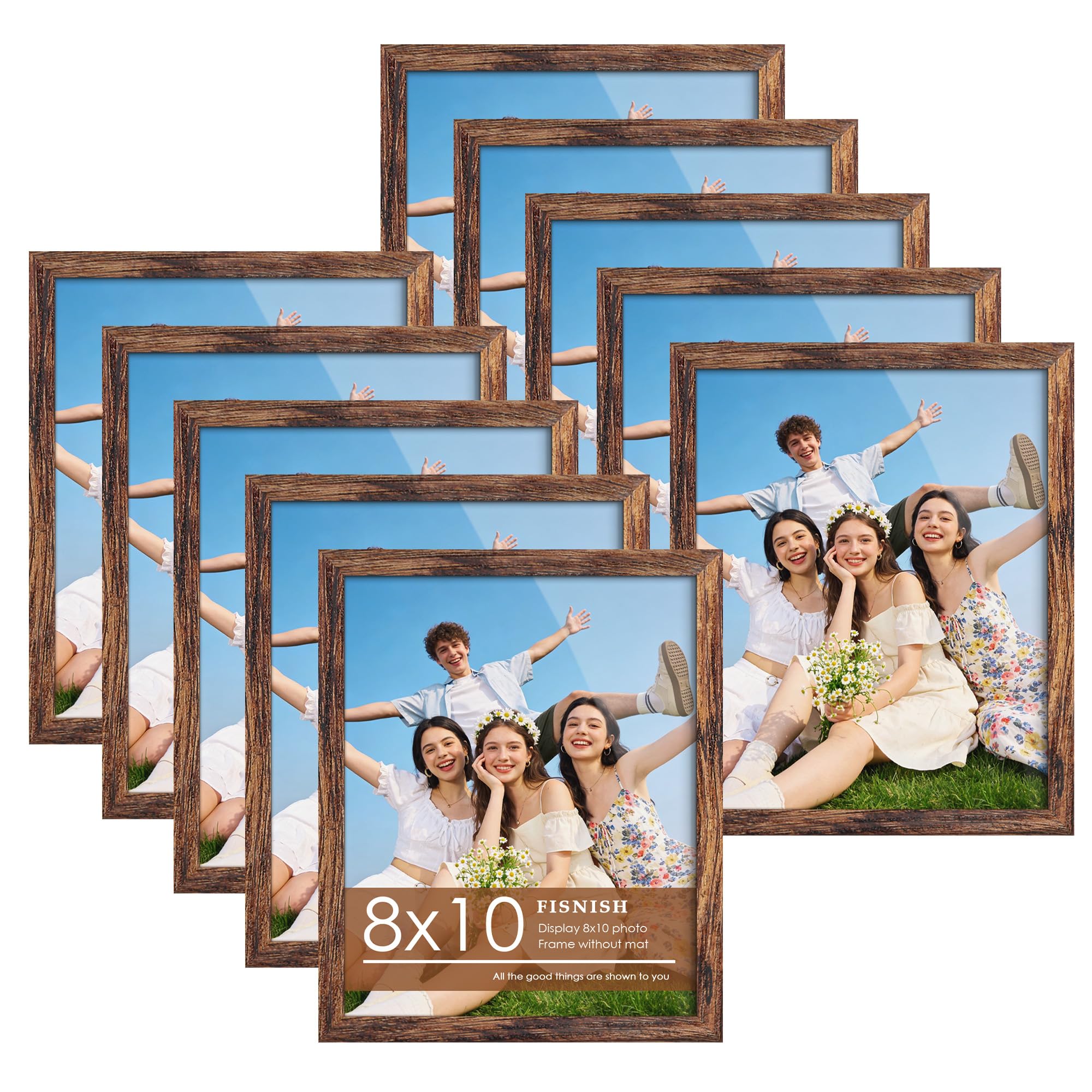 Fisnish 8x10 Picture Frame Set of 10, Brown Frames 8x10 for Tabletop Display, Horizontal or Vertical Wall Mounting