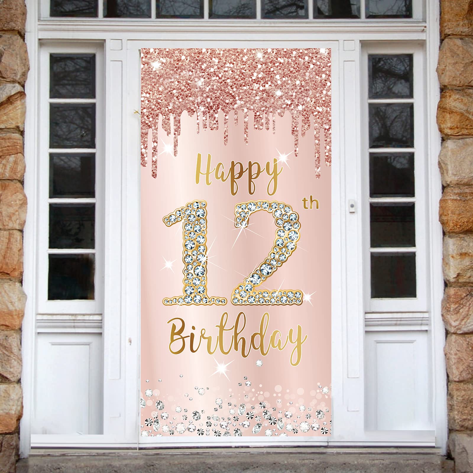 12Th Birthday Door Banner Decorations For Girls, Pink Rose Gold Happy 12 Birthday Sign Door Cover Backdrop Party Supplies, Large