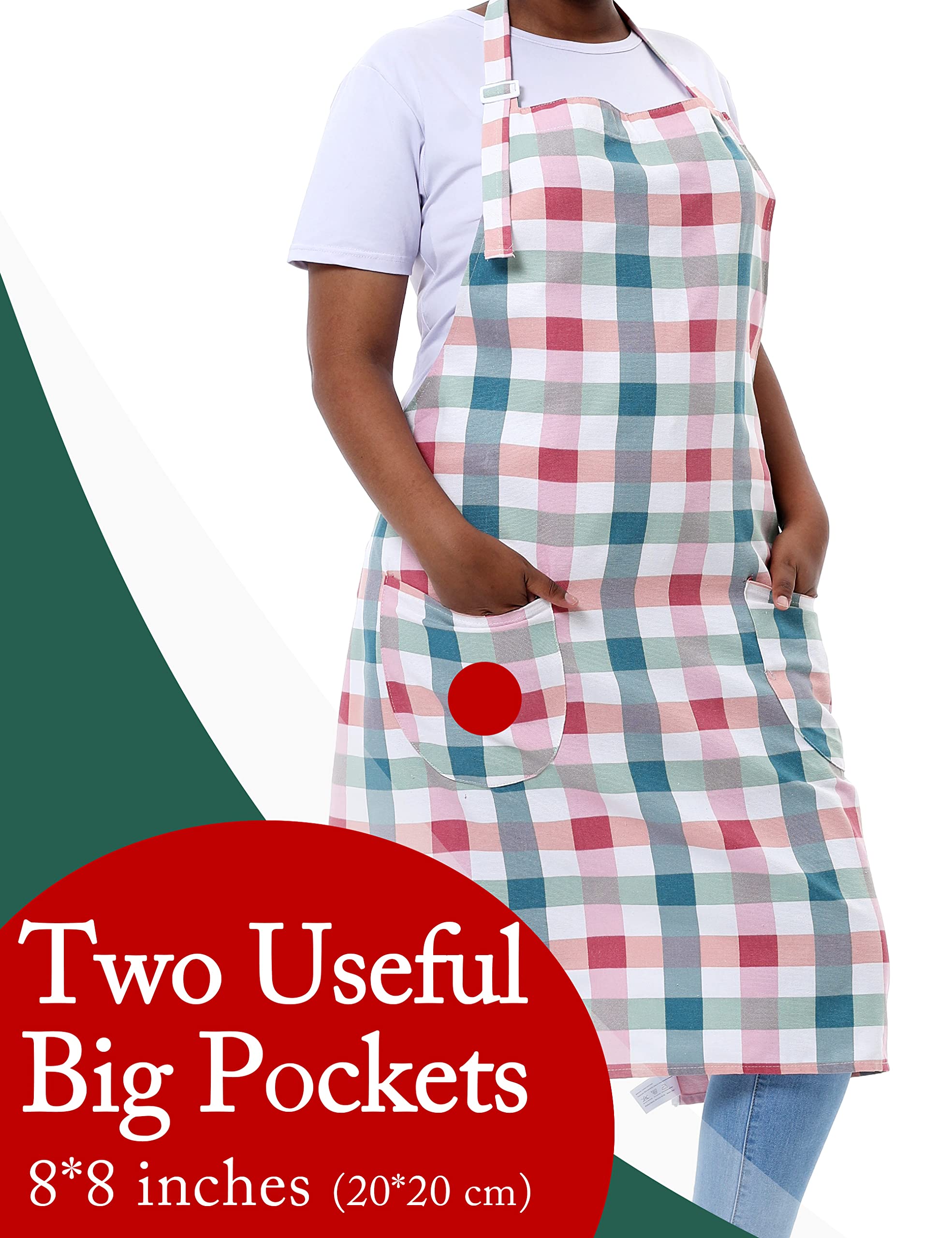 Cotton Linen Baking Plus Size Aprons For Women With Pockets Kitchen Cooking Pink Grid