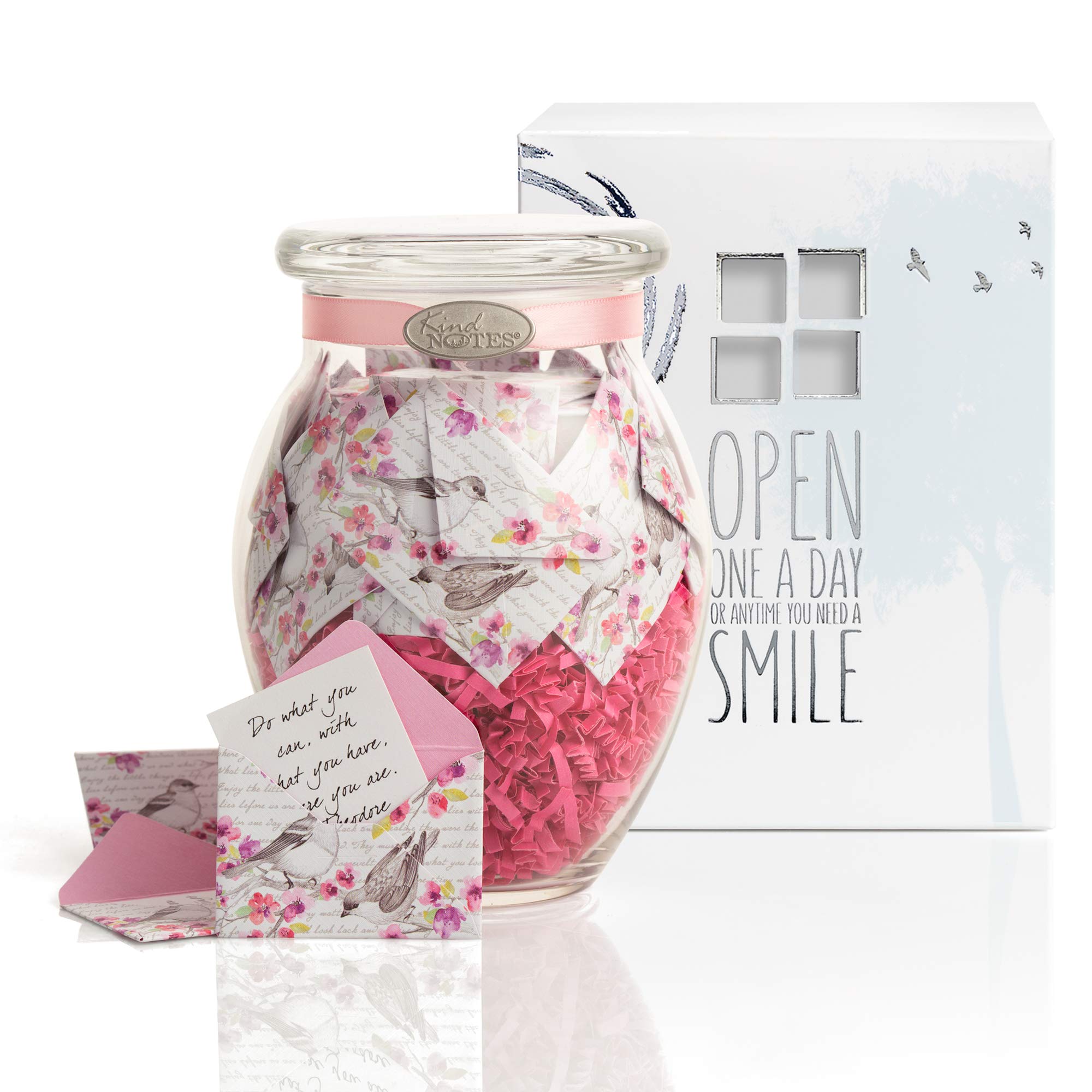 KindNotes Glass Keepsake Gift Jar with POSITIVE THOUGHTS - Birds and Flowers Design