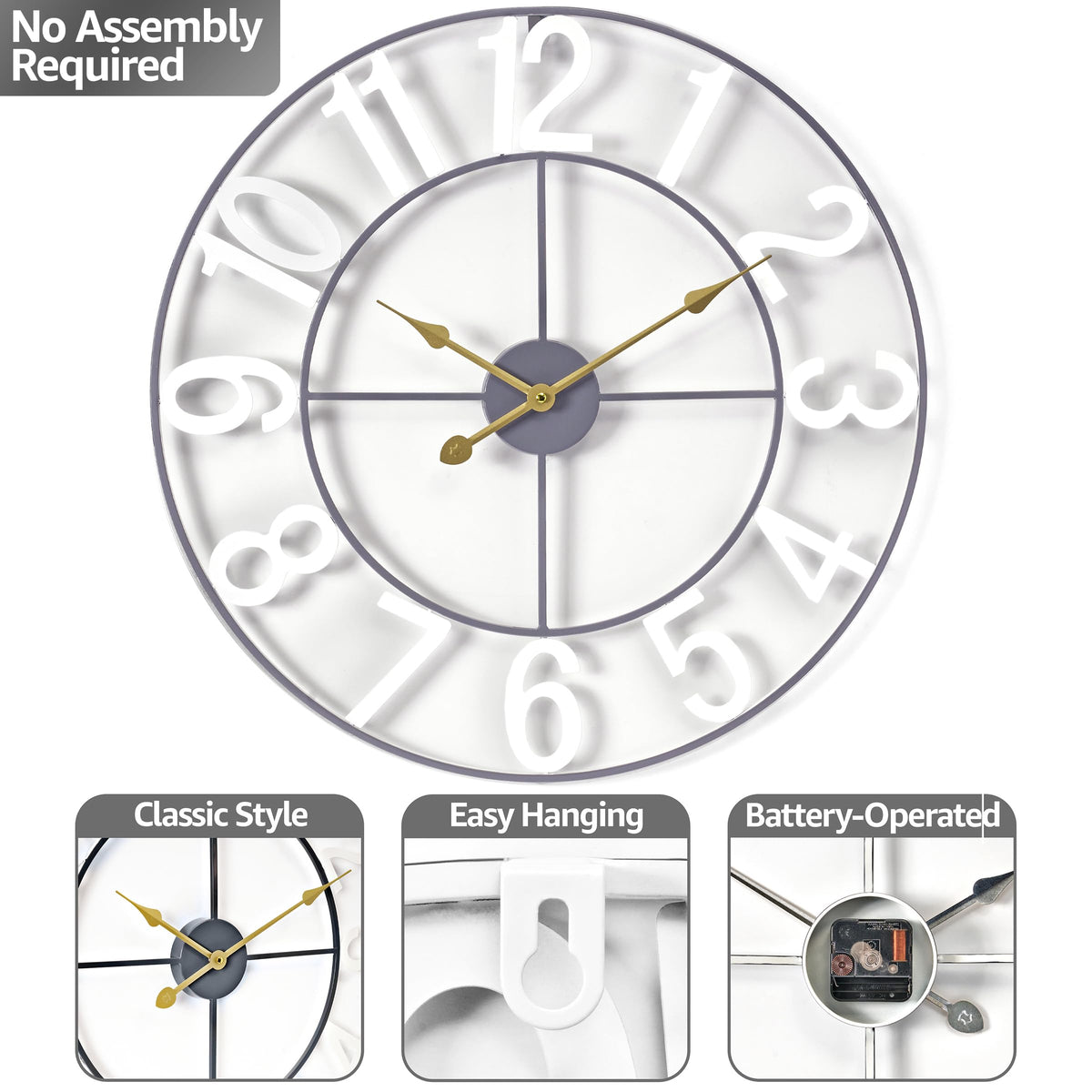 Sorbus 24-Inch Large Wall Clock - Decorative White Metal Clock with Go ...
