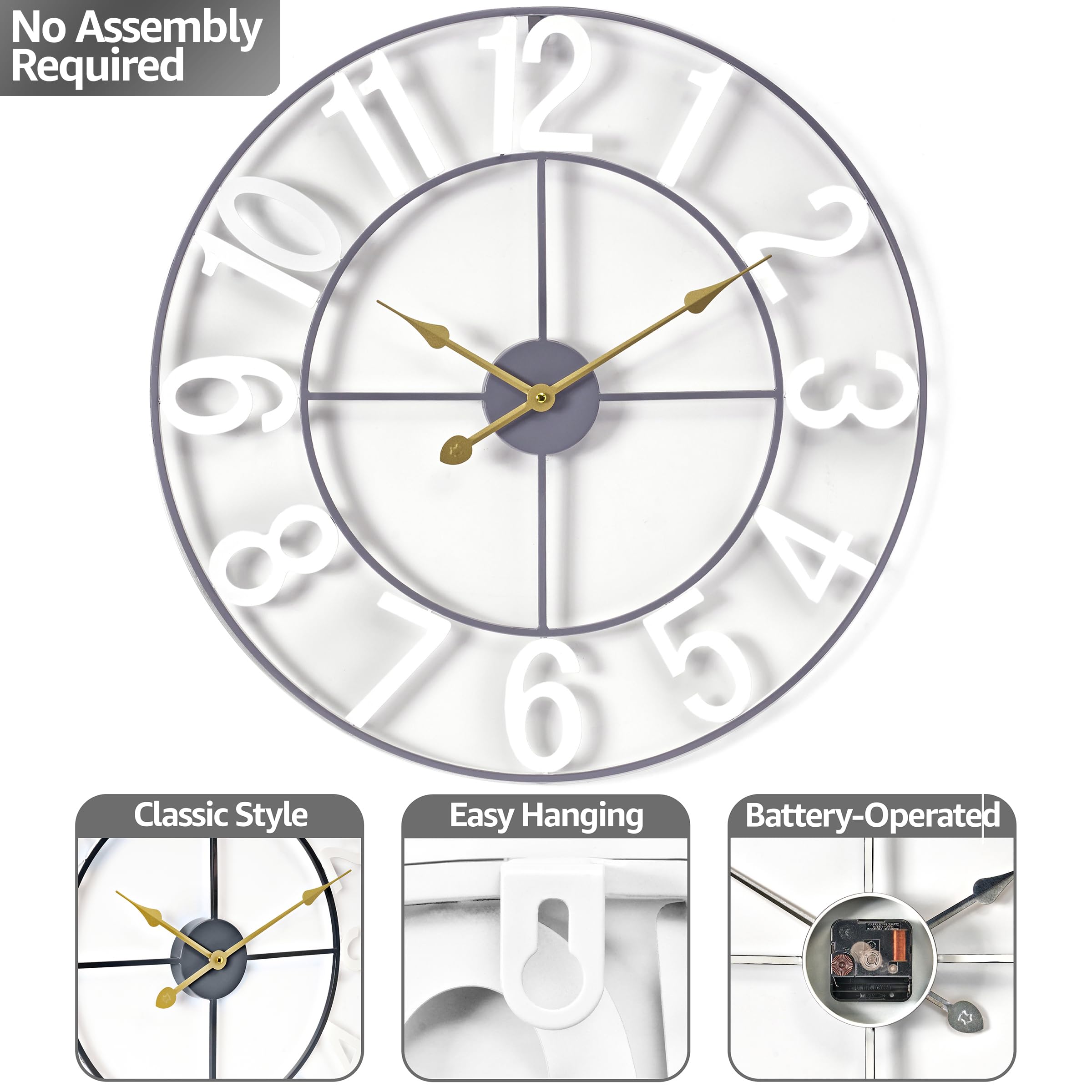Sorbus 24-Inch Large Wall Clock - Decorative White Metal Clock with Gold Hands - Silent, Battery Operated, Modern Wall Decor for