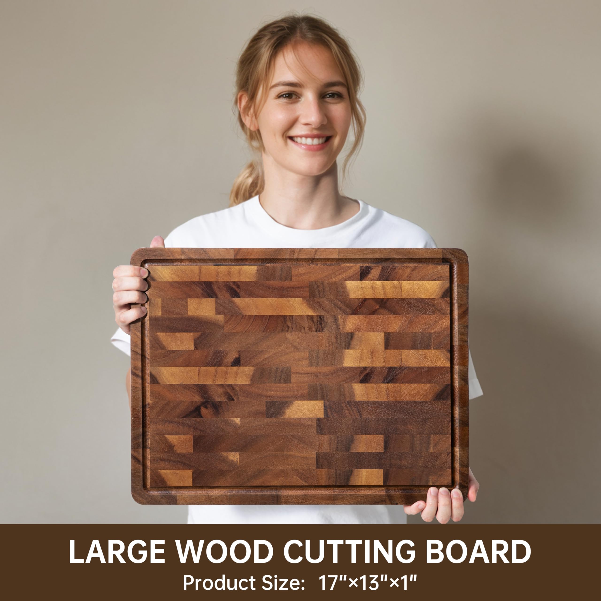 THETCHRY Cutting Boards for Kitchen, Design in USA Large Acacia Wood Chopping Board, Herringbone Cutting Board with Juice Groove