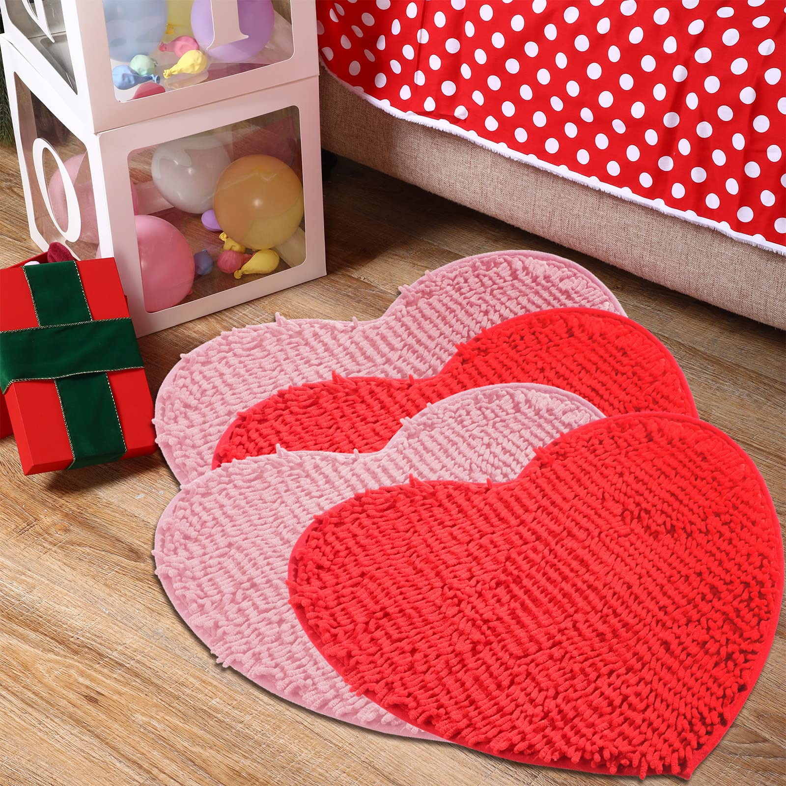 4 Pcs Valentines Day Heart Shaped Rug Decorative Valentine Heart Door Mat 20 x 24 Inch Non Slip Washable Soft Fluffy Shower Mat