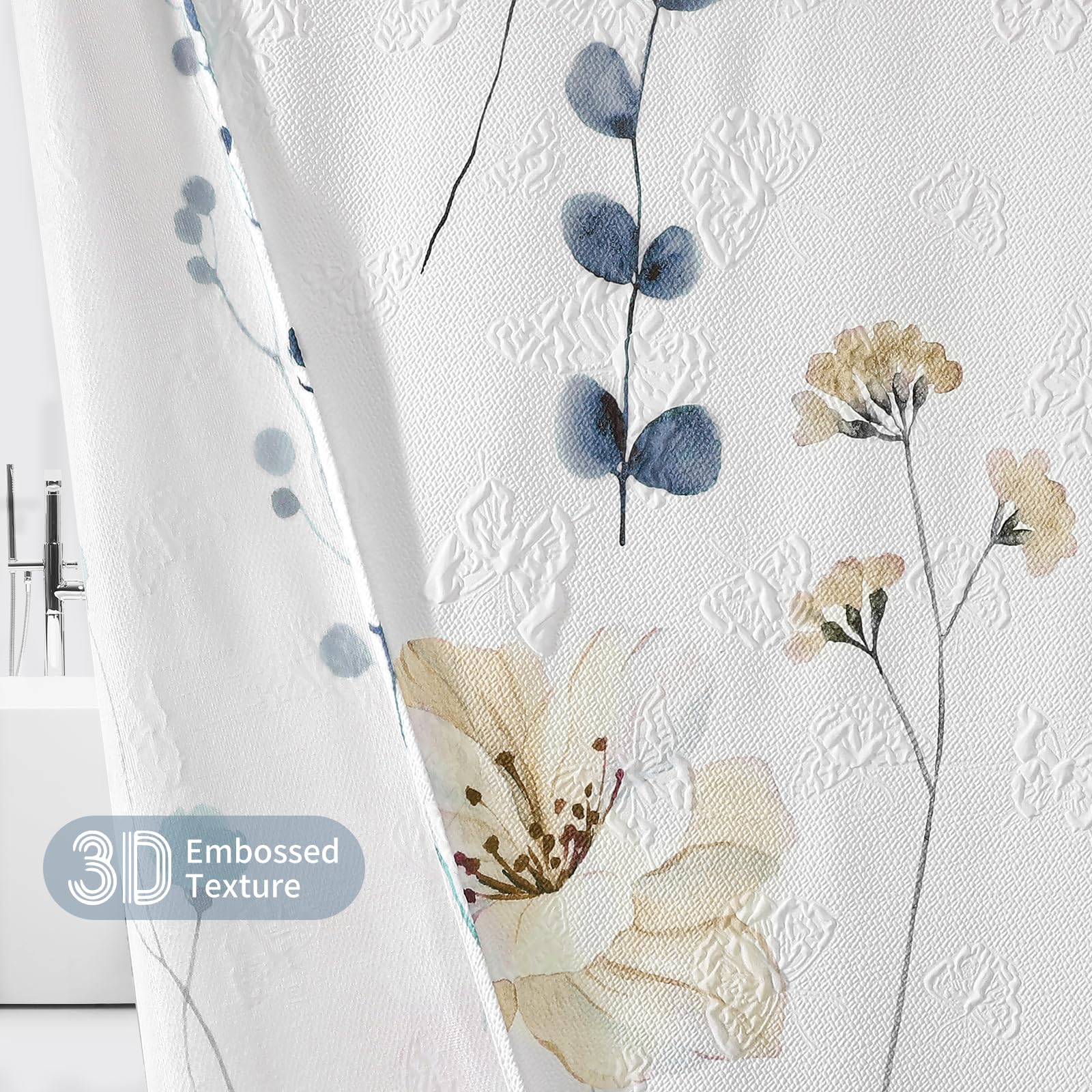 Qiyi Watercolor Floral Shower Curtain, 3D Embossed Butterflies Grey Beige Flower Bathroom Curtain, Minimalist White Cloth Bath C