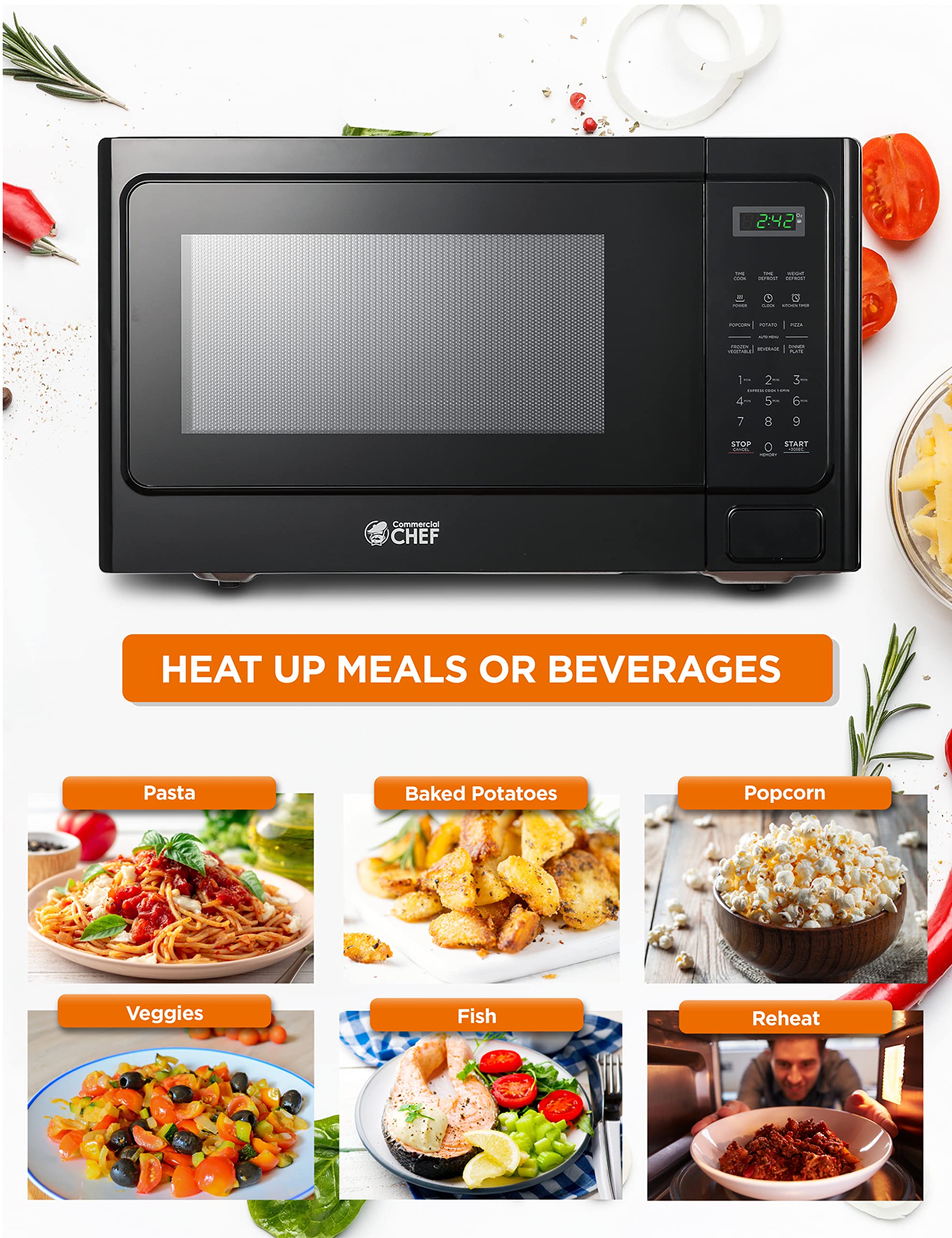 Commercial Chef Small Microwave 1.3 Cu. Ft. Countertop Microwave With Digital Display, Black Microwave & 10 Power Levels, Outsta