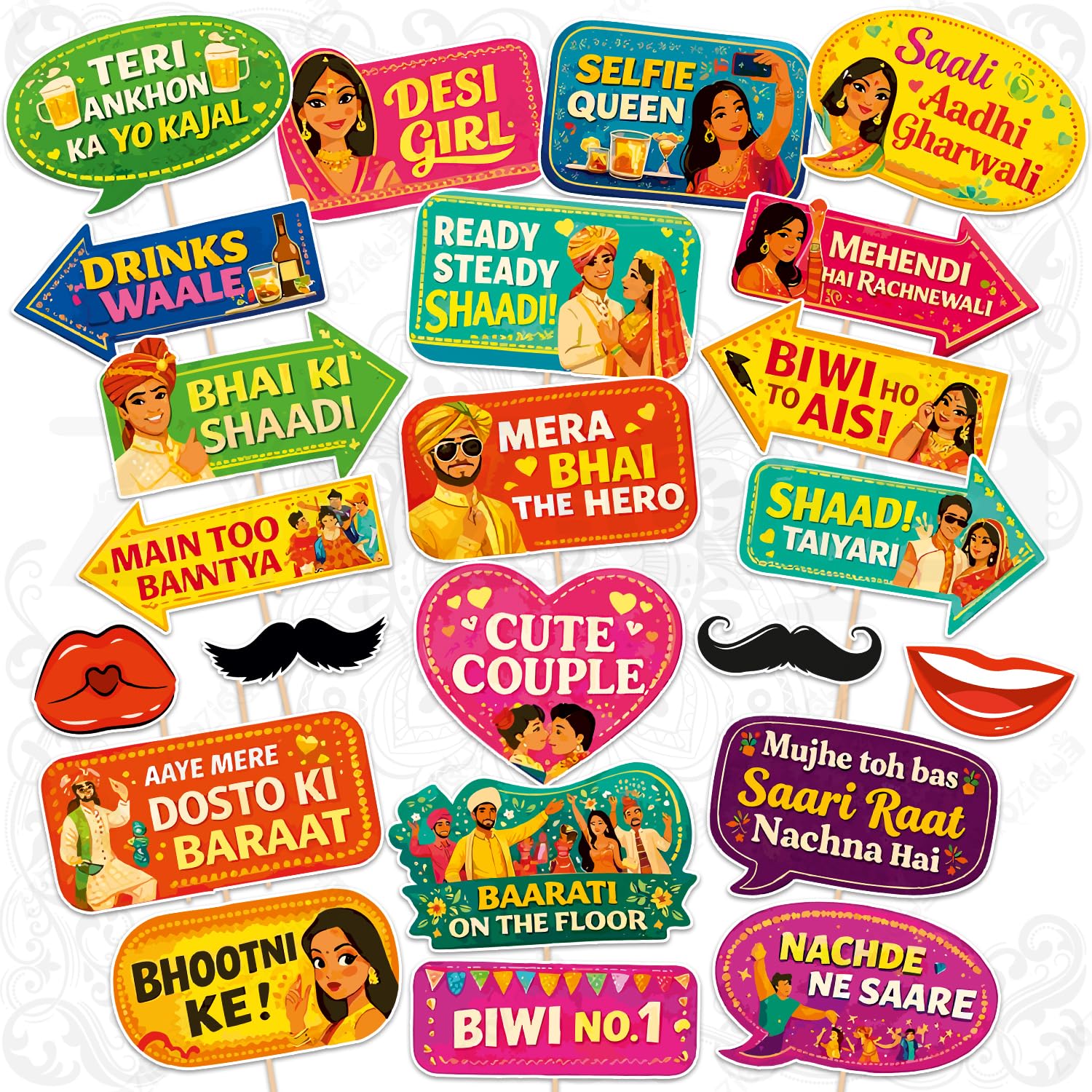 Zyozique Wedding Theme Photo Booth Props, Colourful Style Party Selfie Props, Wedding Props for Bride & Family, Decorations Phot