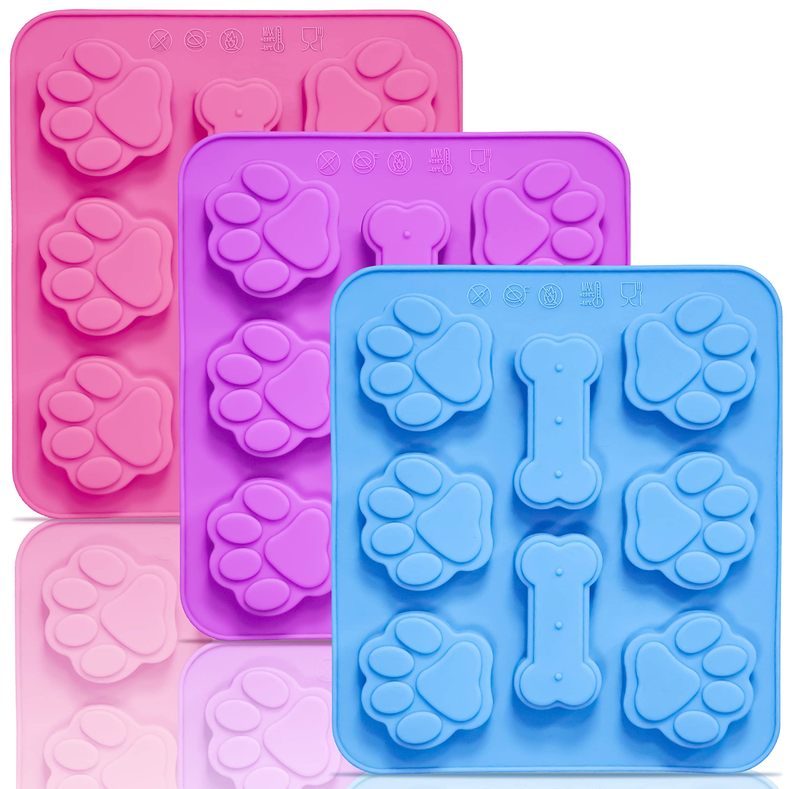 Anaeat 3 Pack Silicone Molds With Puppy Dog Paw And Bone Shaped 2 In 1, Reusable Non-Stick Ice Cube Trays & Flexible Candy Choco