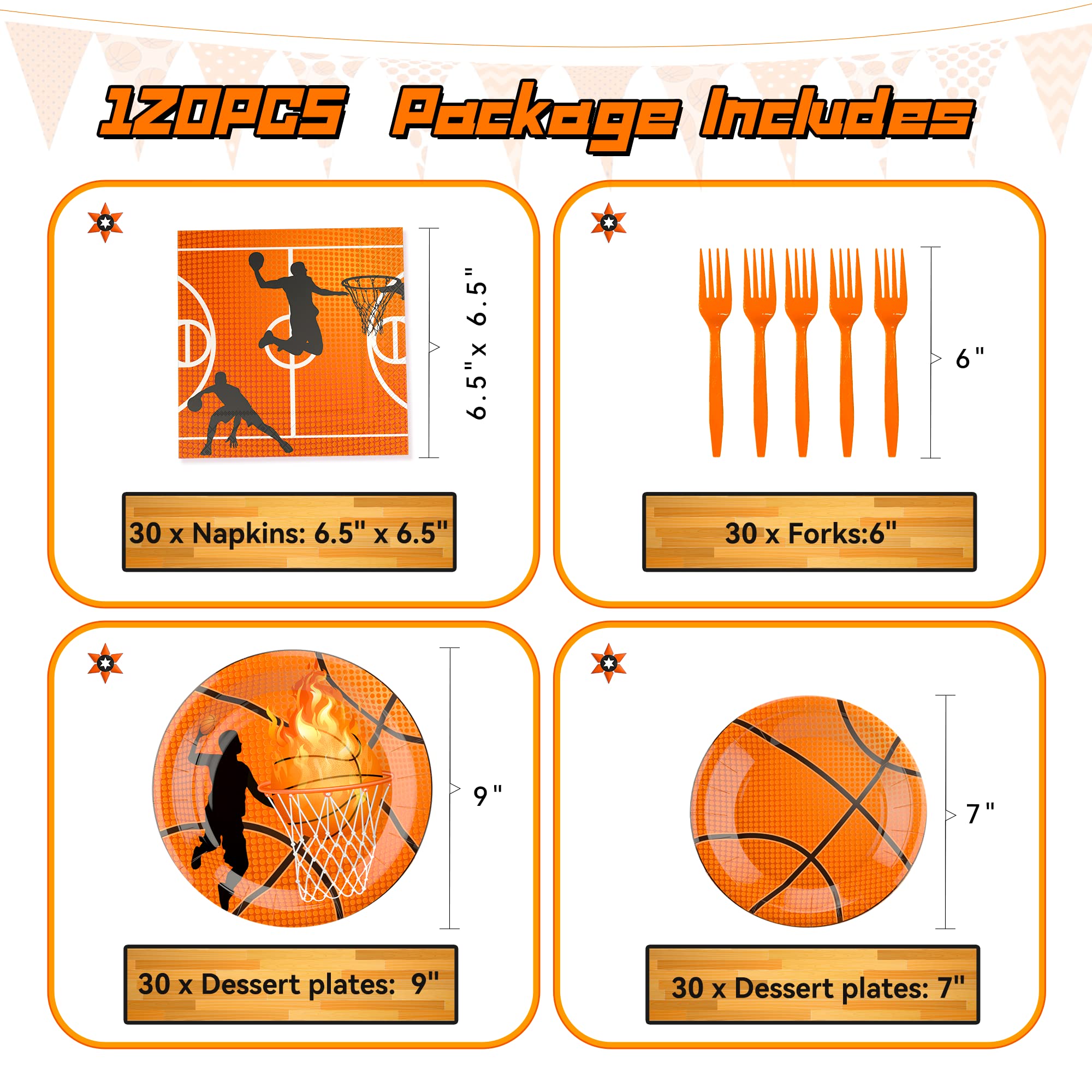 Lmjunzz 120 Pcs Basketball Party Supplies Bundle Paper Plates Napkins Forks Basketballs Party Birthday Decorations For Kids Serv