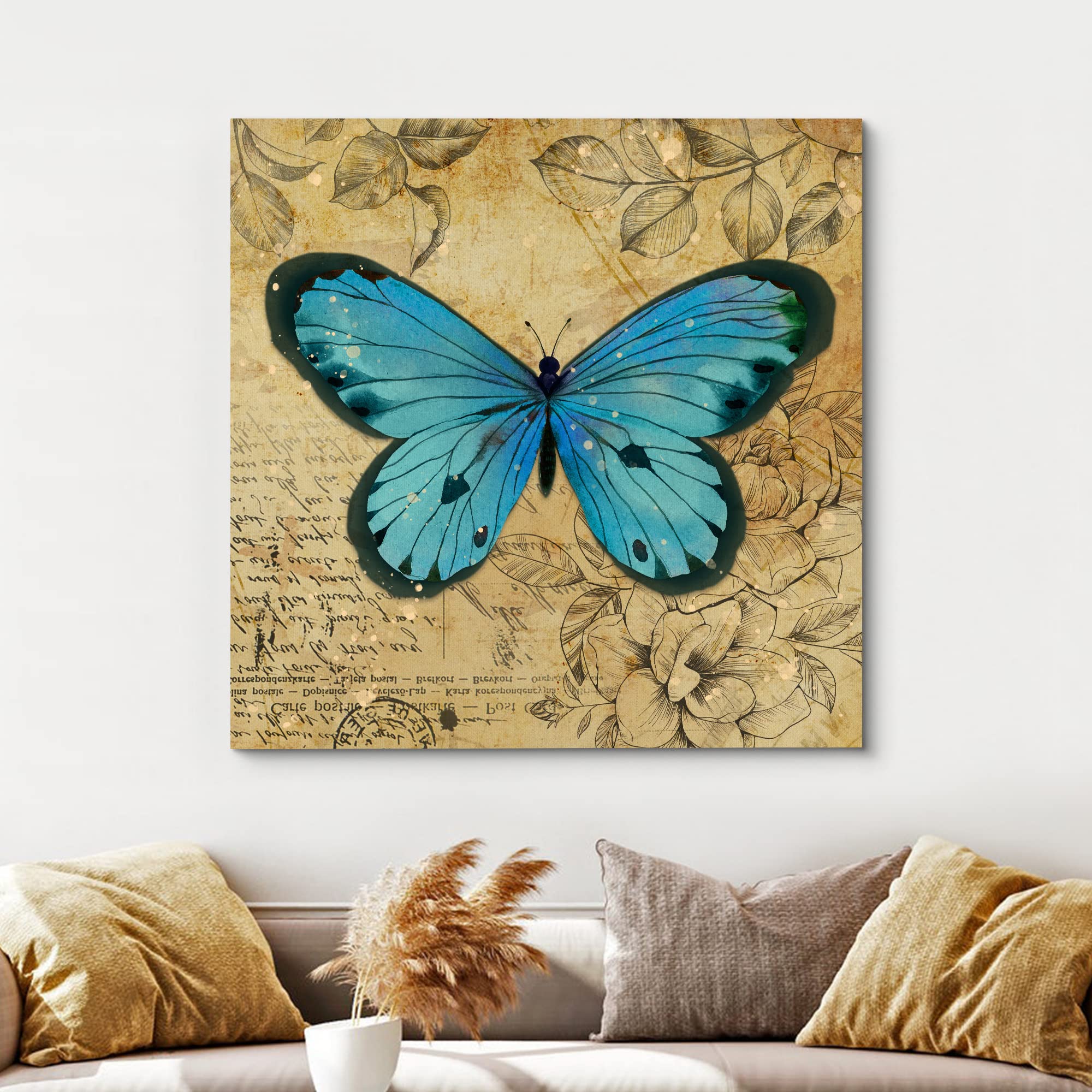 Wall26 Canvas Print Wall Art Teal Blue Butterfly Floral Pattern Nature Wilderness Rustic Modern Art Farmhouse Decorative Animals