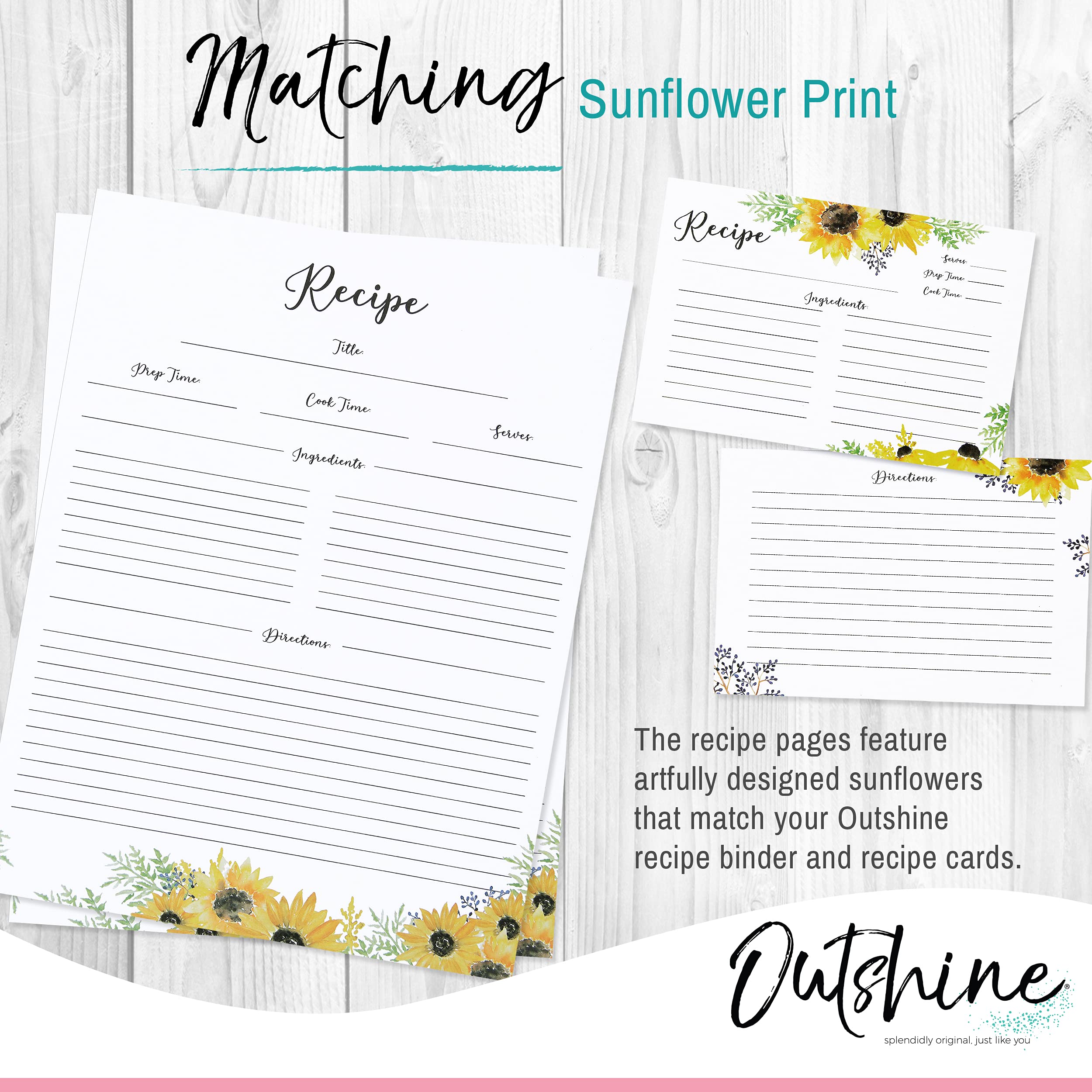 Outshine Premium Recipe Paper for 8.5'' x 11'' Recipe Binders  Sunflower Design (50 Sheets) | Refill Pages for Recipe Binder | No-Smear Matte Paper | Great Gift for Mom  Sister  Daughter  Friend