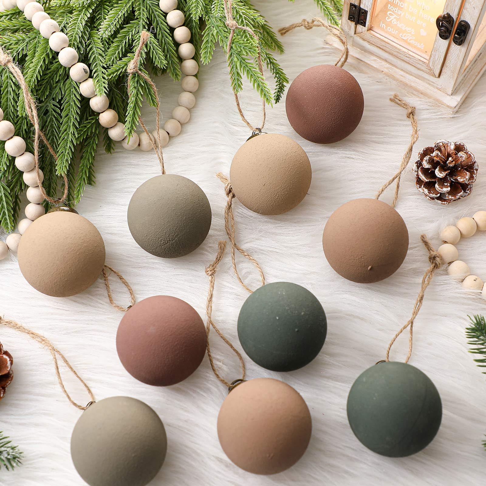 15 Pcs Neutral Matte Christmas Ball Ornaments 2.36'' Textured Rustic Boho Brown Taupe Pine Green Xmas Ball Ornaments Modern Chri