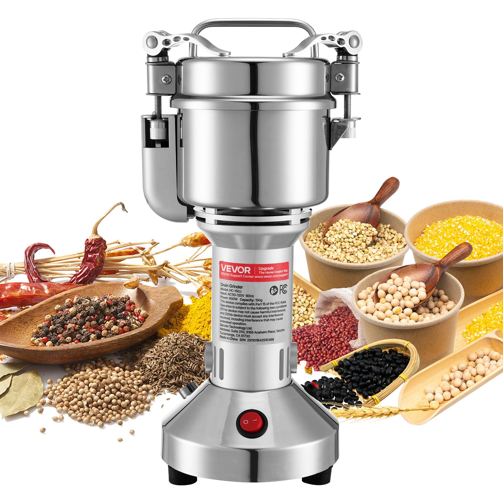 VEVOR Electric Grain Mill Grinder, 150g Commercial Spice Grinders, High Speed 850W Stainless Steel Pulverizer Powder Machine, fo