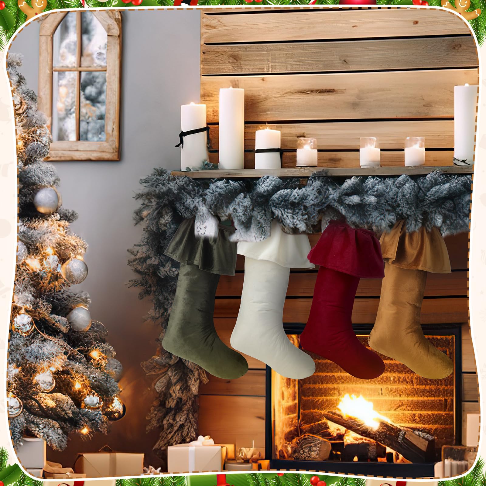 Kinlop 4 Pack 18 Inch Neutral Christmas Velvet Stocking Ruffled Design Large Christmas Stockings with Hanging Loops for Fireplac
