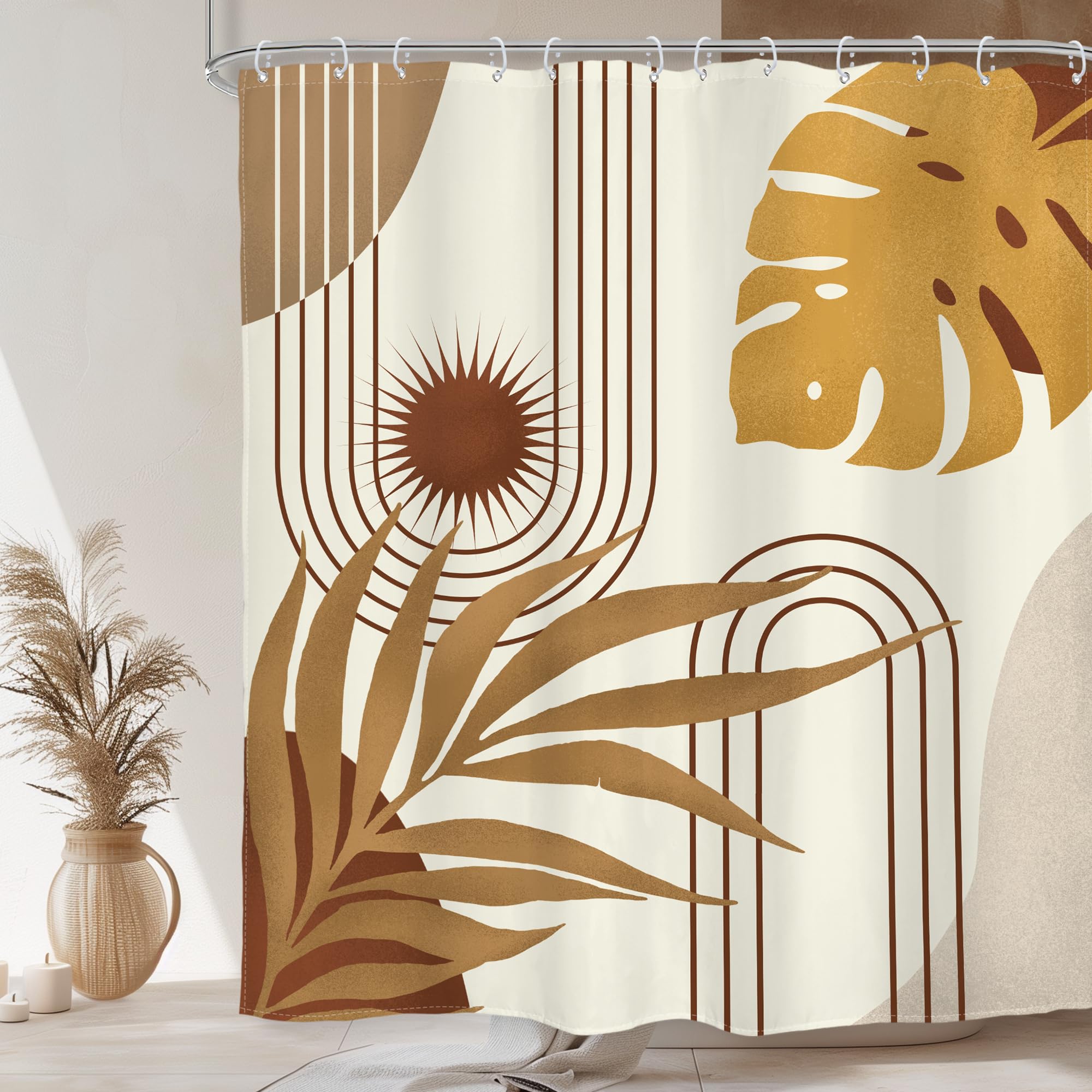 Glawry Boho Mid Century Shower Curtain Yellow Brown Abstract Tropical Palm Leaves Sun Bathroom Minimalist Geometric Arch Retro P
