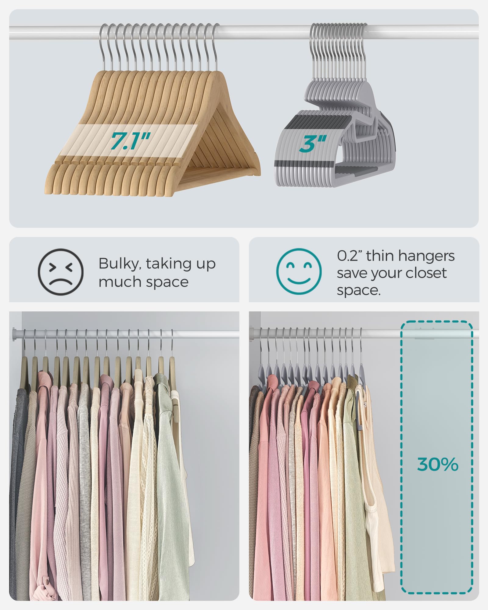 Songmics 30 Pack Coat Hangers, Heavy-Duty Plastic Suit Hangers, S-Shaped Opening, Space-Saving, 360 Swivel Hook, 16.3 Inches Wid