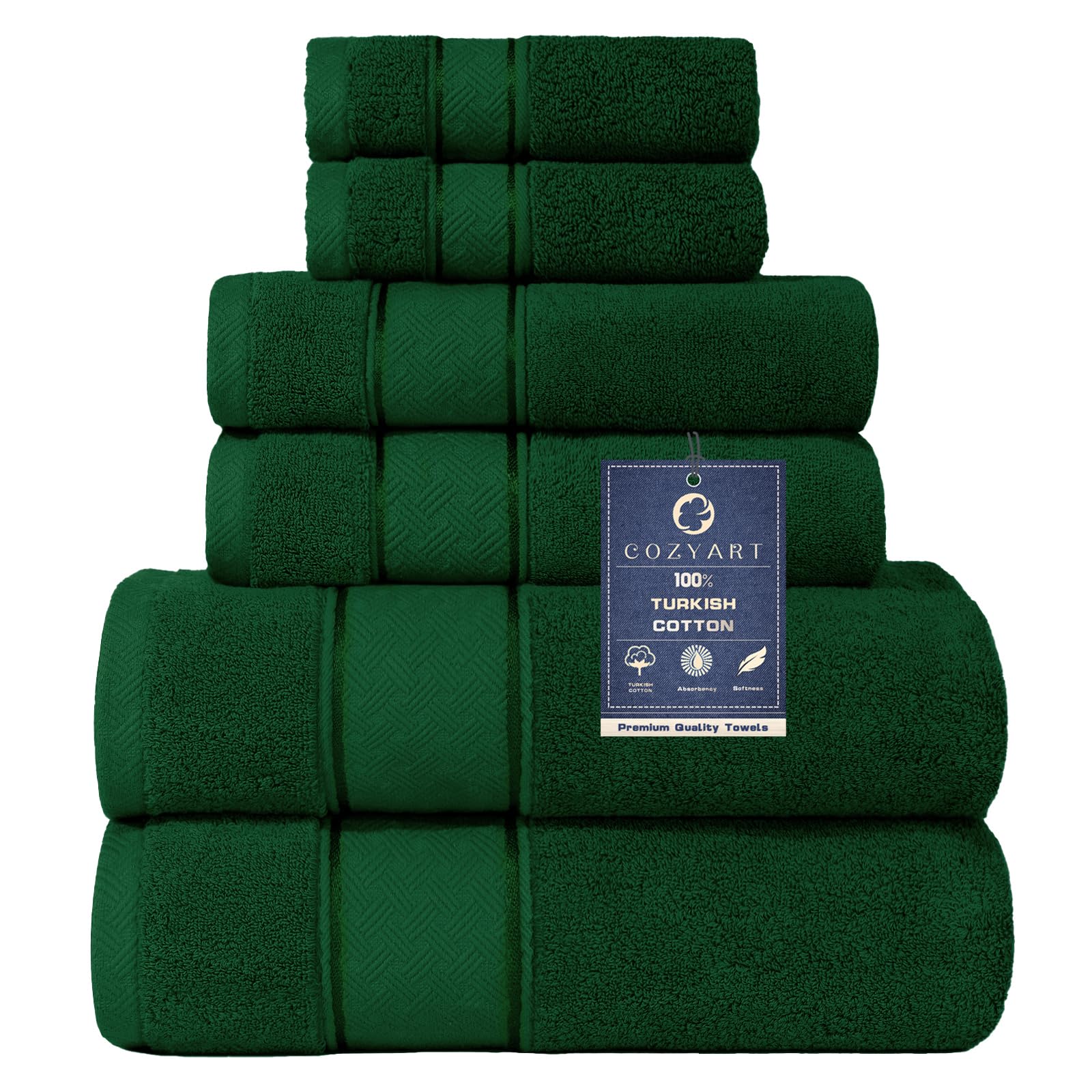 Cozyart Formal Green Bath Towels Set 6 Piece, Luxury 100% Turkish Cotton 650Gsm Hotel Quality, Soft, Absorbent,Towel Sets For Ba