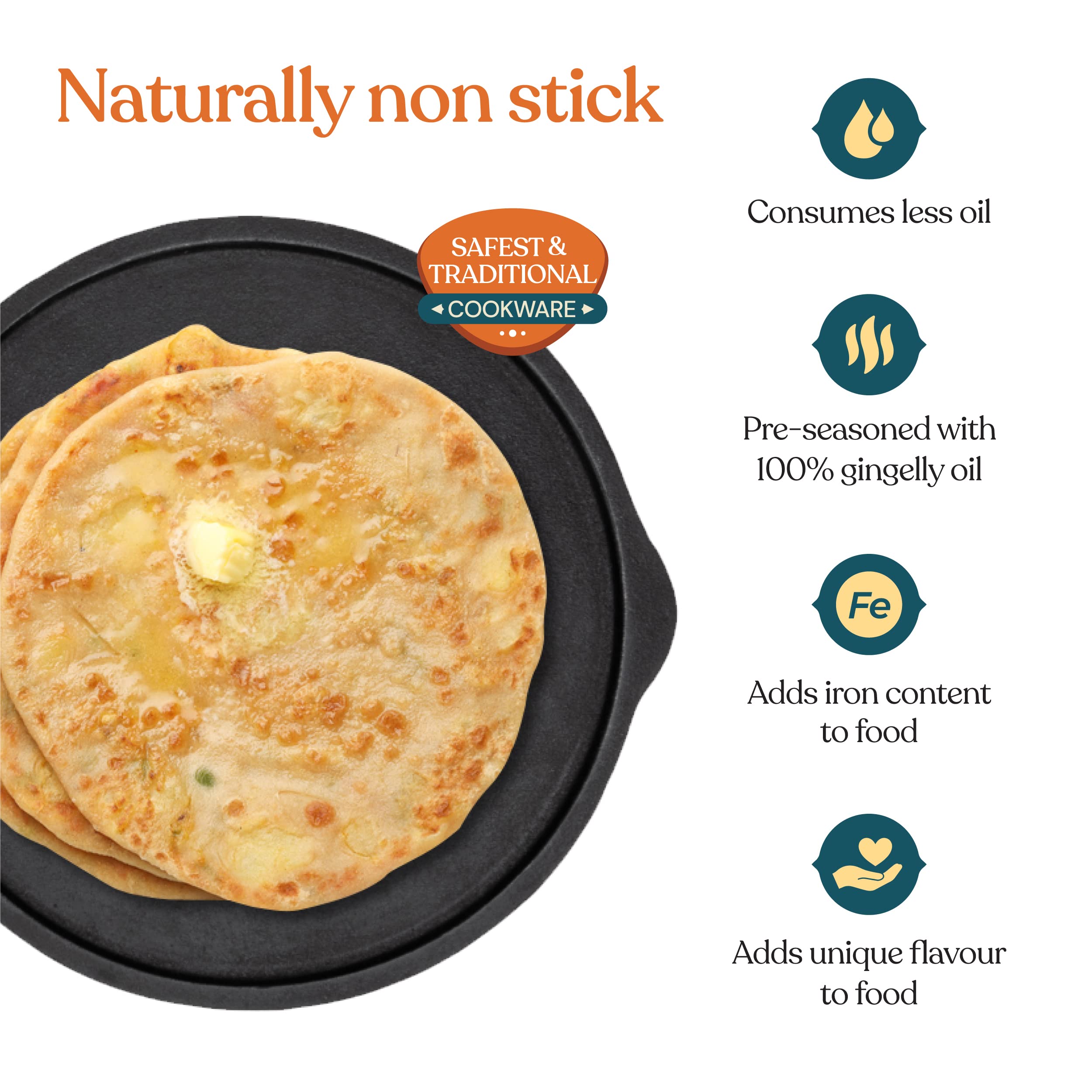 Bhagya Cast Iron Cookware, Preseasoned Cast Iron Tawa For Dosa/Roti/Chappati On Gas And Induction | Naturally Non-Sticky Cookwar