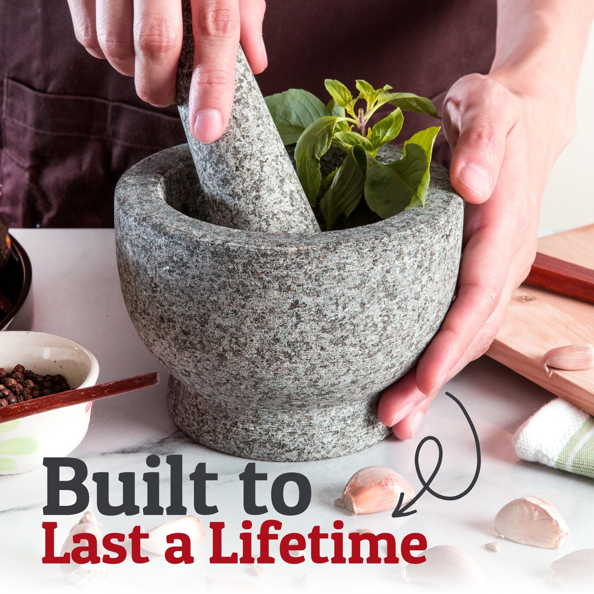 Prioritychef Mortar And Pestle Set, Heavy Duty Natural Granite, Make Fresh Guacamole At Home, Solid Stone Grinder Bowl, Herb Cru