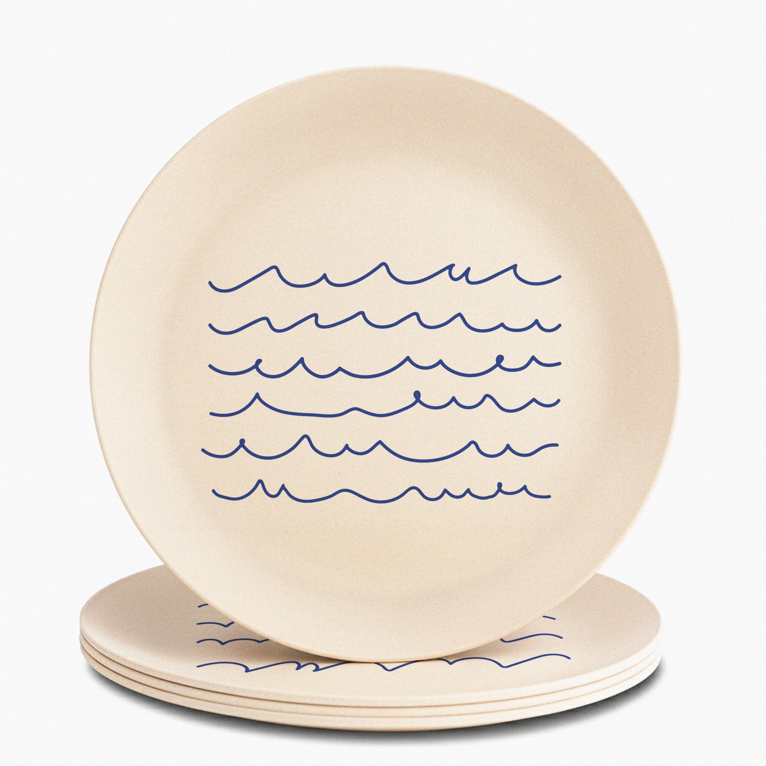 Nook Theory 4 Pack Reusable Bamboo Plates - Non-Toxic Plate, Dishwasher Safe, Not Microwavable Dinnerware (Waves 10)